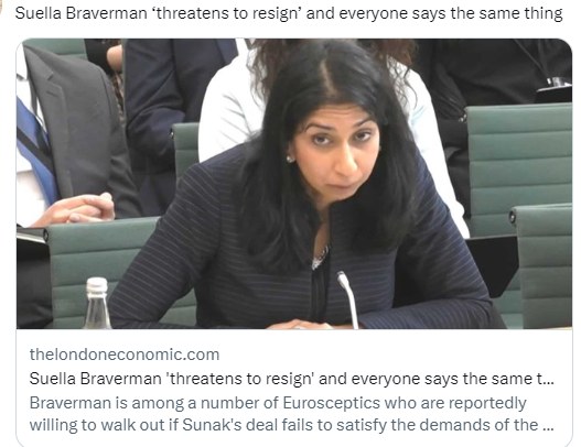 SUELLA BRAVERMAN

Braverman 'threatens to resign'.

RETWEET if you think she must resign.

#SuellaBravermanRESIGN