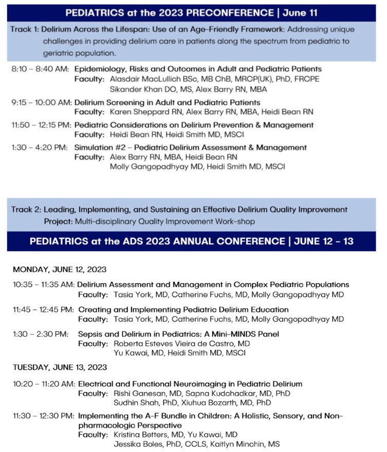 #Delirium does not only affect adults — learn more about delirium in #pediatrics at #ADS23PVD. Visit the program to see all the great sessions: americandeliriumsociety.org/events/ads-con… <a href="/smith_pedsmd/">Heidi Smith MD MSCI</a> <a href="/JimRudolphMD/">Jim Rudolph</a> <a href="/minipixie26/">Heidi Lindroth</a>