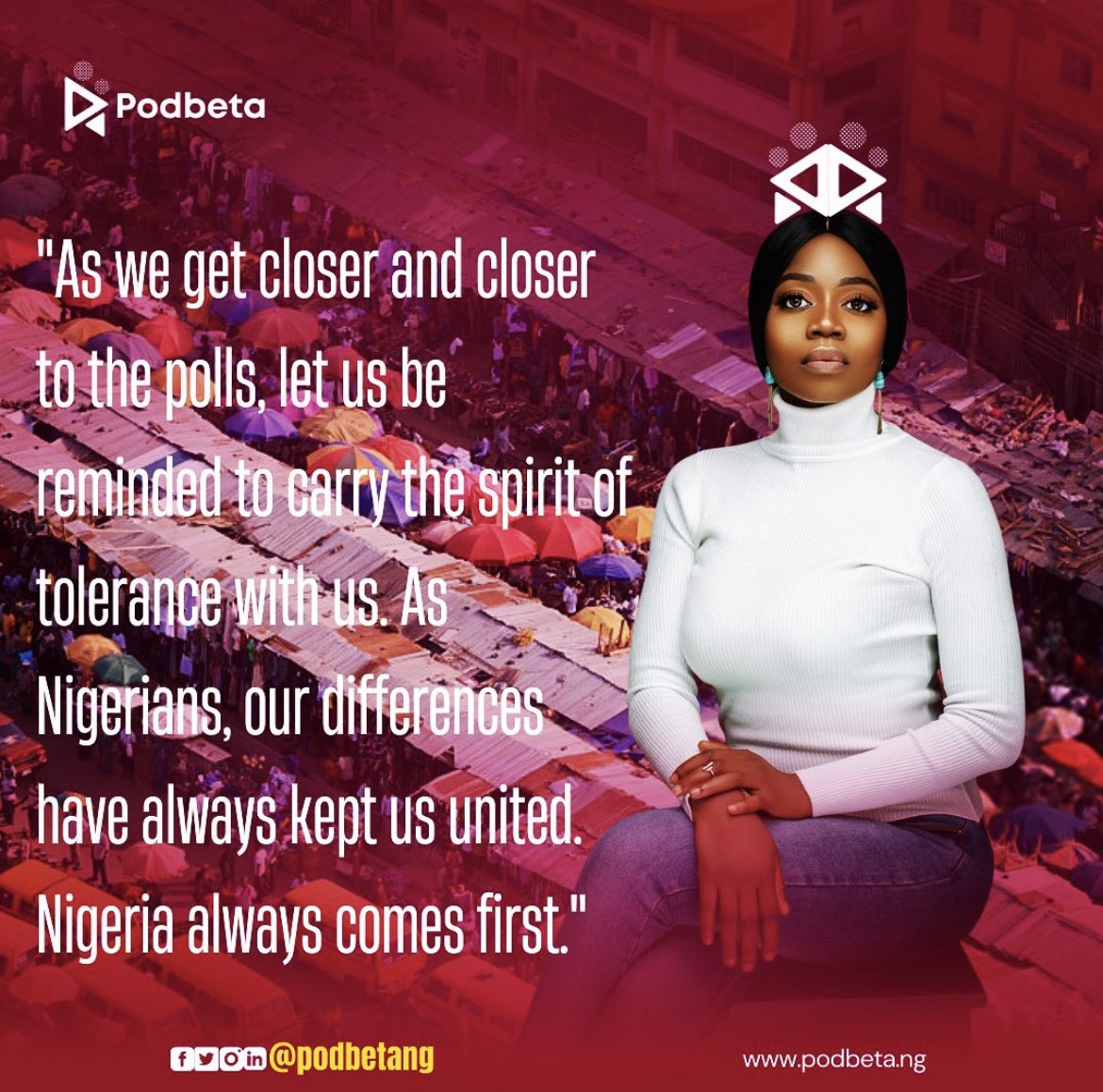 podbetang's tweet photo. As we get closer and closer to the polls, let us be reminded to carry the spirit of tolerance with us. As Nigerians, our differences have always kept us united. Nigeria always comes first. #podbetang #naija #naijaelections #podbetahq #betapod https://t.co/lGfcJ34RIr