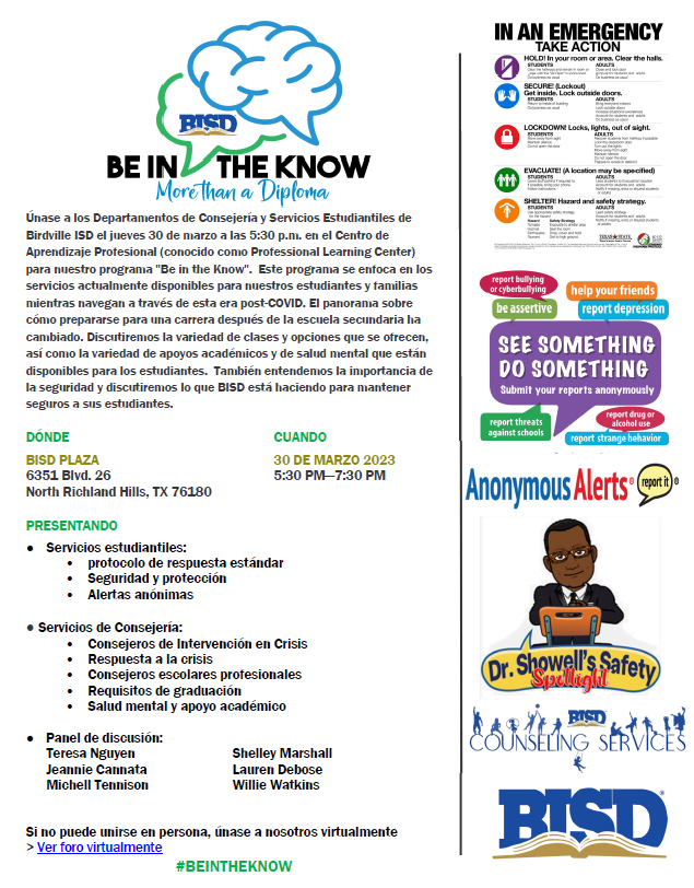 Come join Birdville ISD’s Counseling and Student Services Departments on Thursday, March 30 at 5:30 p.m. at the Professional Learning Center for our “Be in the Know” program.