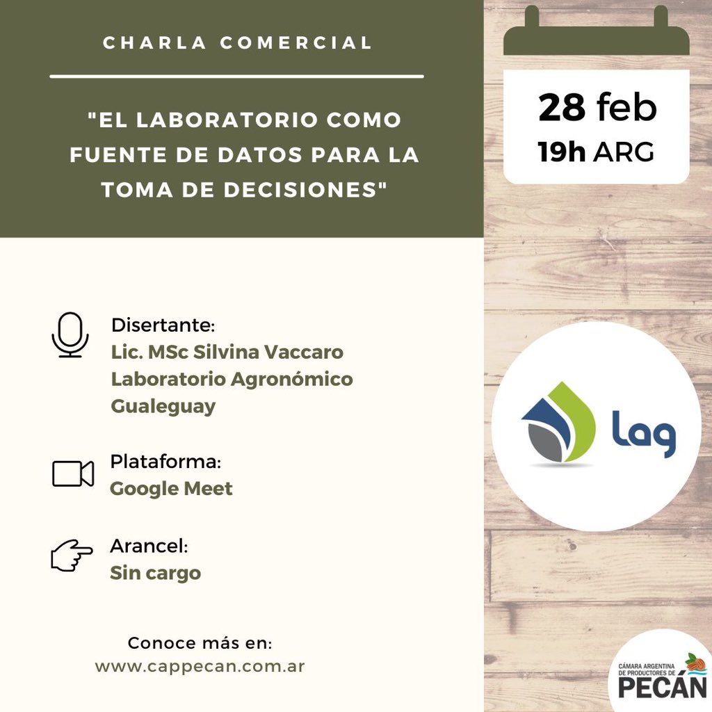 PRIMERA CHARLA COMERCIAL DEL 2023🔥
La Lic. MSc Silvina Vaccaro explicará como utilizar y cuando emplear los análisis de laboratorio para facilitar la toma de decisiones con respecto a nuestro monte.
🗓️ 28/2 a las 19hs Arg
🔗 Link: meet.google.com/awg-gnru-nqp