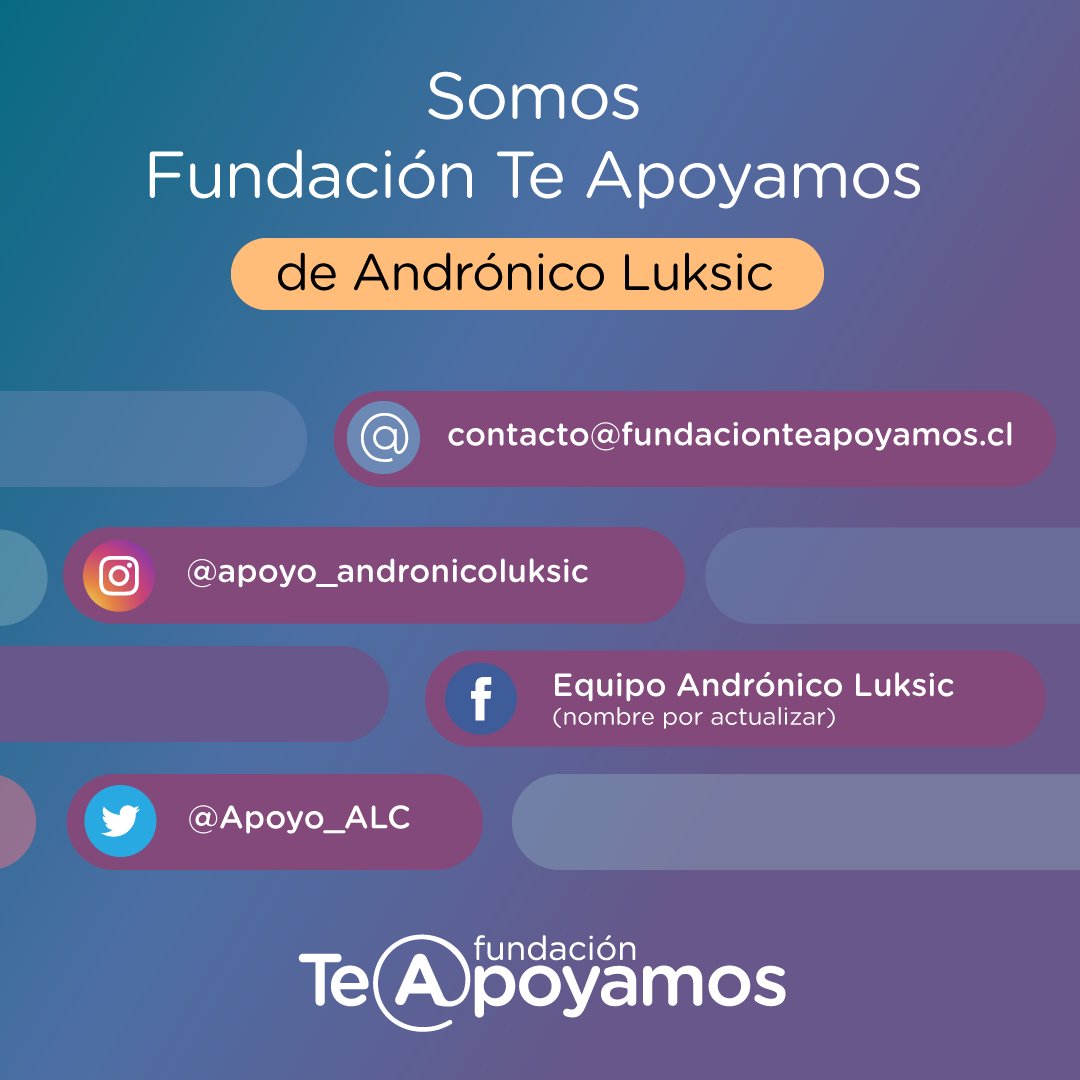FundTeApoyamos's tweet photo. En Fundación Te Apoyamos, evaluamos y gestionamos las solicitudes que recibe Andrónico Luksic en RRSS📱 

Si estás pasando por un momento complicado y buscas una ayuda, puedes enviarnos un mail ✉️ contándonos qué necesitas. También puedes seguirnos en nuestras redes❤️👇 https://t.co/2njQwLrg3E