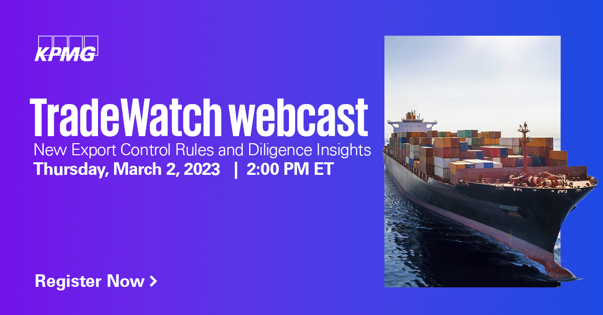 KPMG_US's tweet photo. What recent regulatory changes are impacting trade with Chinese companies? Learn how to ensure #ExportCompliance during the #KPMGTax TradeWatch webcast next Thursday at 2 PM ET: #TradeCustoms
https://t.co/mb5WSAsyVo https://t.co/rF3ZAYbNOc