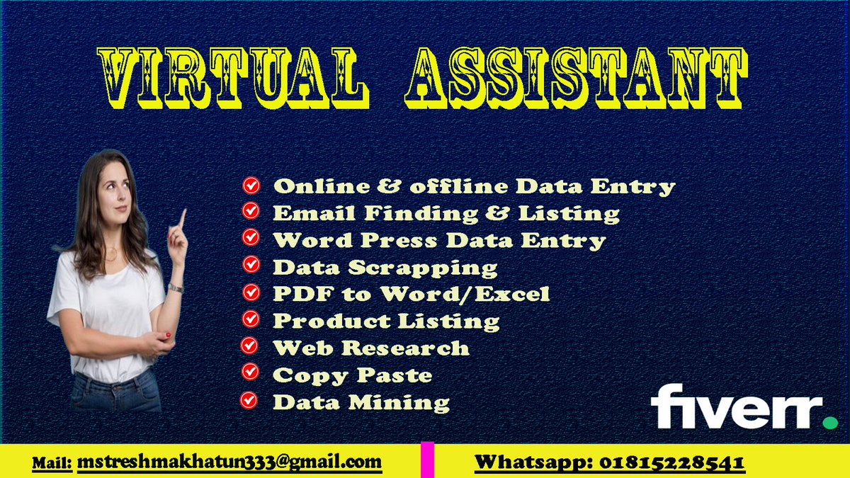 Are you looking for a virtual assistant? You have come to the right place.
Please open my link :
fiverr.com/.../do-data-en…...
#webresearch
#virtualassistant
#dataentry
#copypaste
#typing
#accuratedataentry
#exceldataentry
#internetresearch
#datamining
#fastestdataentry
#webscrappi