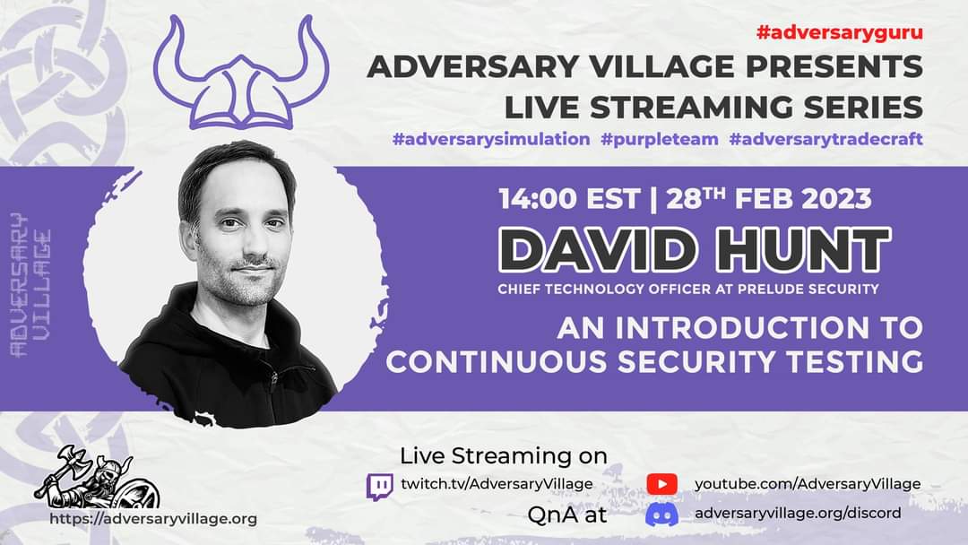 AdversaryVillag's tweet photo. David Hunt aka @privateducky, CTO of @preludeorg will be joining the #AdversaryGuru live stream series on Feb 28th 14:00 EST.

Topic: Introduction to Continuous Security Testing!
More info: https://t.co/4NdSNgQt9O

#AdversarySimulation #PurpleTeam #AdversaryVillage https://t.co/lf3V2D5XiN