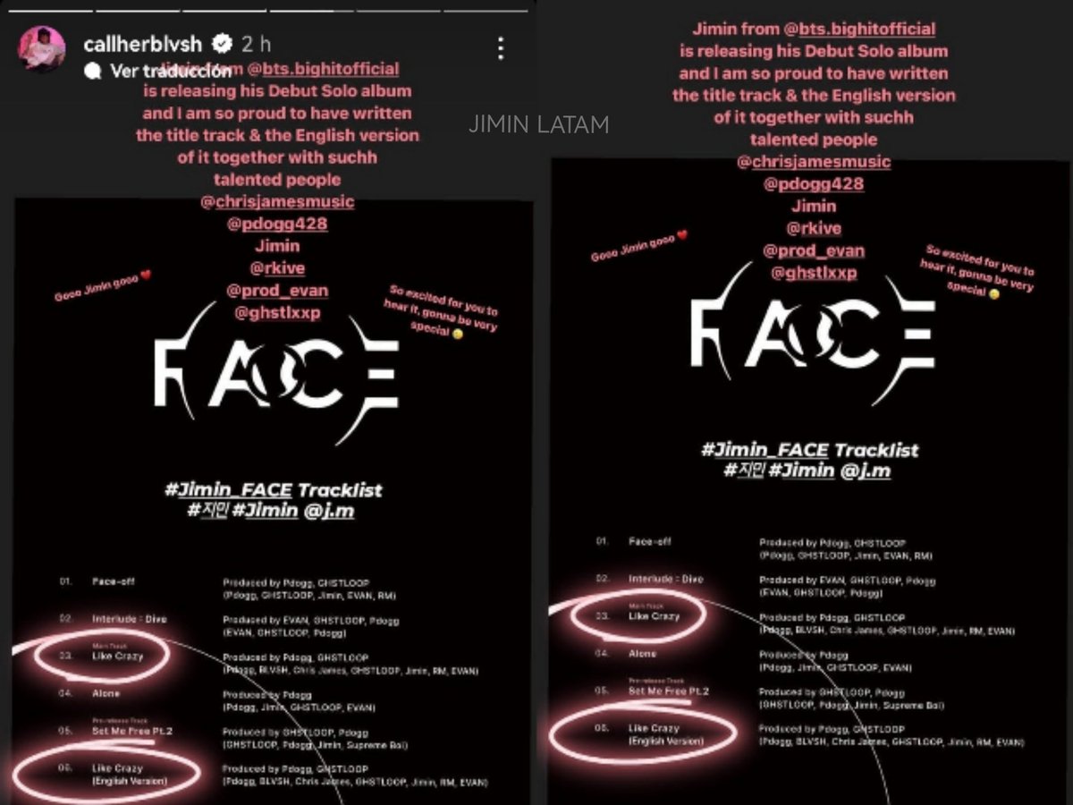 PJMLATAM_'s tweet photo. La compositora blvsh compartió la tracklist de “FACE” en su historia de Instagram!

“Jimin de BTS está lanzando su álbum debut en solitario y estoy muy orgullosa de haber escrito la canción principal y la versión en inglés”

“Vamoos Jimin vamoos ❤️”

[+] https://t.co/NoZIQLqOjf