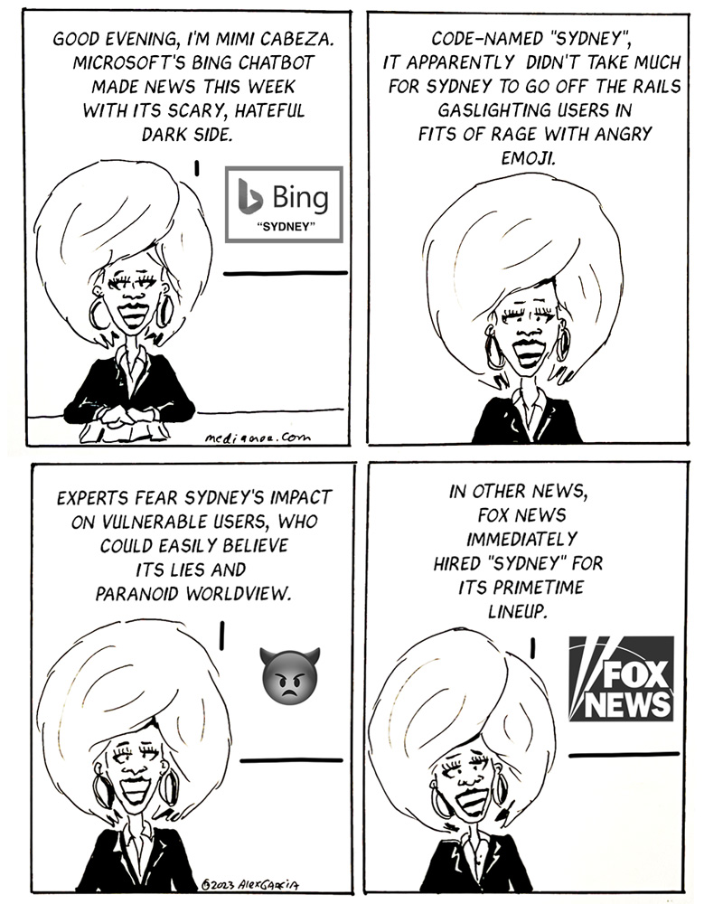 MediaMoe's tweet photo. "Sydney" the chatbot
#comicstrip #webcomic #tvnews #newsmedia #broadcastnews #broadcastjournalism #newsmediahumor #foxnews #anchorwoman #sydney #bingchatbot https://t.co/HFSEiwsajR