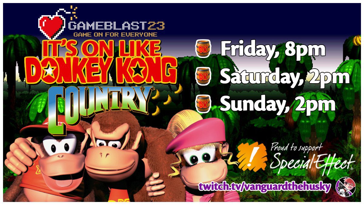 mjames_84's tweet photo. Just a reminder that from 8pm tomorrow night @VanguardHusky and I will be marathoning the Donkey Kong Country series to raise money for @SpecialEffect’s #GameBlast23 event, hope to see some of you there! JustGiving link is https://t.co/tQLNkAv4ss if you would like to donate ❤️ https://t.co/vefQavQhVf