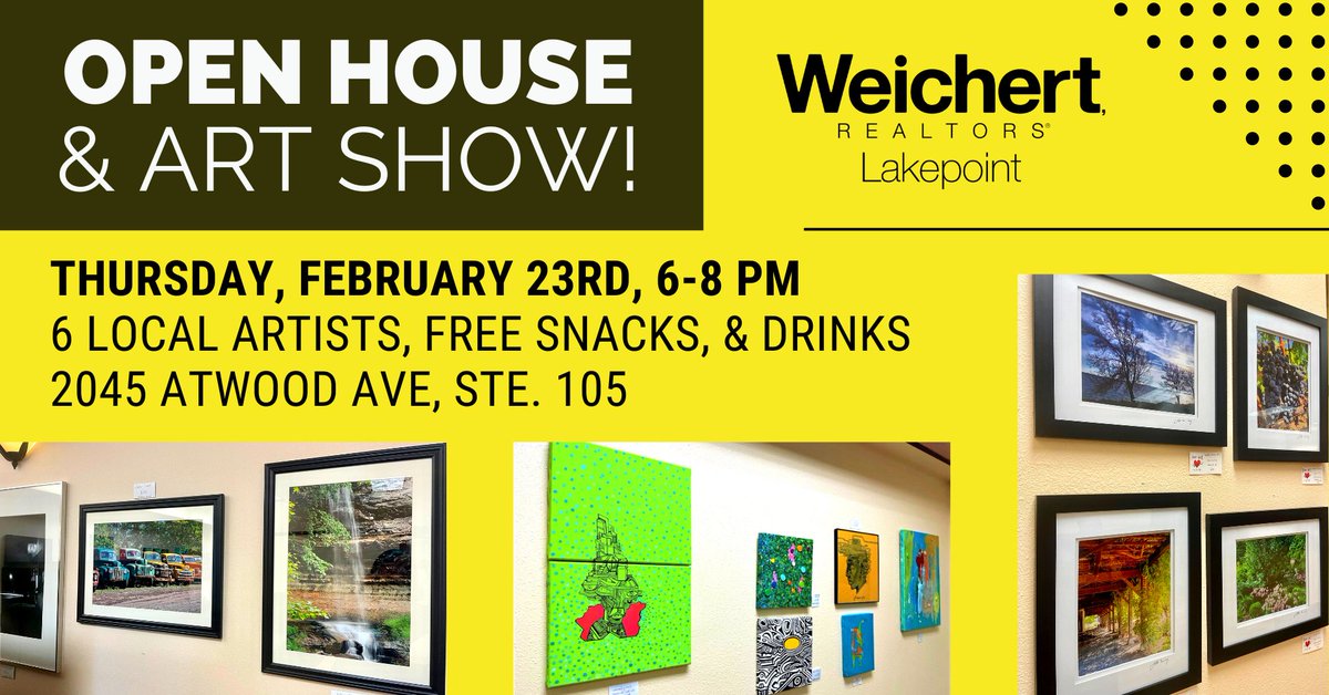 WeichertMadison's tweet photo. π¨ Tonight's the night! From 6-8 PM enjoy a night of art, free snacks, & drinks!
#MadisonWI #ArtinMadison #RealEstate #Weichert #WeichertRealtors #WRLakepoint #MadisonWisconsin #DaneCountyWI https://t.co/1cEmefF8Cu