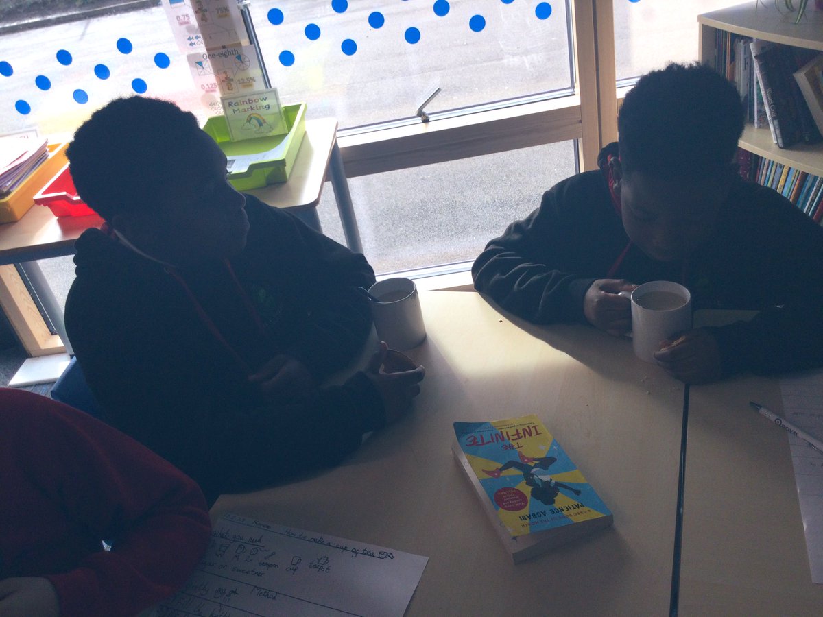 SchoolHillside1's tweet photo. More tea making in #P7LHillside, ready for @Talk4Writing #WritingInstructions tomorrow. Perfect with a biscuit! Thank you @Cabercoffee for the teabags left from our #CommunityCafes to do this. https://t.co/F8yQmZEgd6
