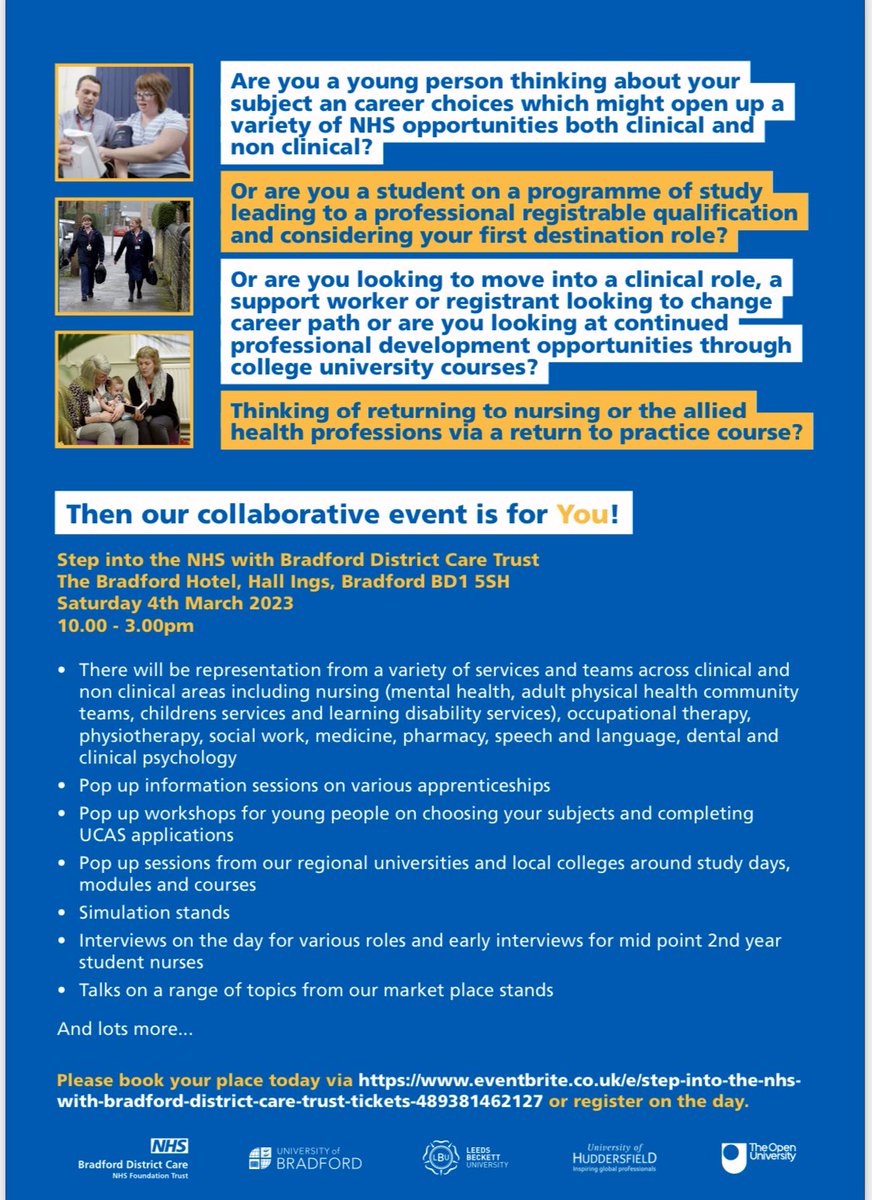 Ever considered a career in the <a href="/NHSEngland/">NHS England</a>? Join us on Sat 4 March for our <a href="/BDCFT/">BDCFT NHS</a> Step into NHS event. Register for free eventbrite.com/e/489381462127