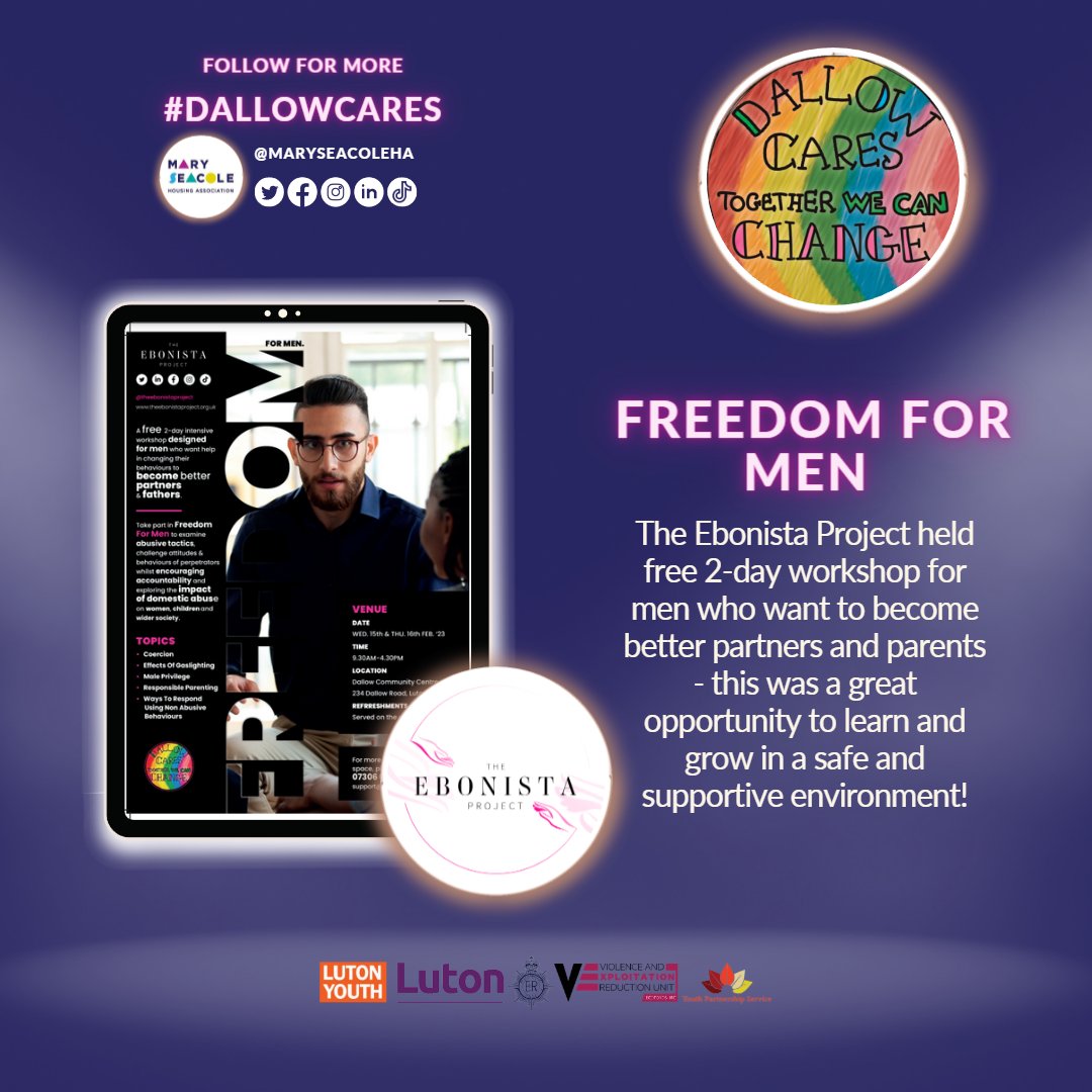 MarySeacoleHA's tweet photo. Have you heard of the Ebonista Project?👀 
@ebonistaproject  held a free 2-day workshop to explore domestic abuse, male privilege, parenting, and healthy behaviours📖

Find out more here🔎⬇️ https://t.co/KvFGM8AVt8
#Dallowcares #Coercion #Gaslighting #MenSupportingWomen https://t.co/1WUB3ULi52