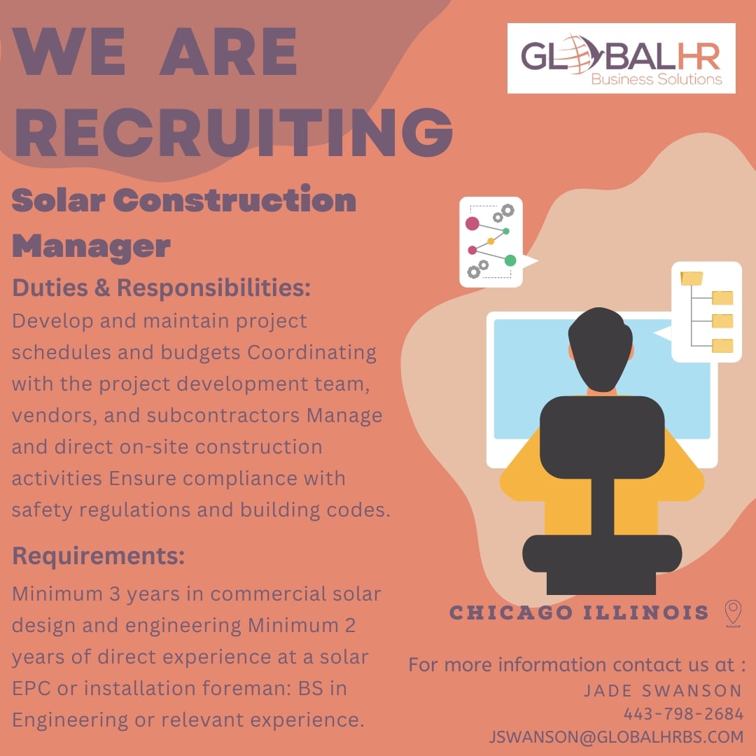 GlobalHRBS's tweet photo. Recruiting for Solar Construction Manager.
Requirements
Minimum 3 years in commercial solar design and engineering
Minimum 2 years of direct experience at a solar EPC or installation foreman
BS in Engineering or relevant experience.
#ghrbs
#gbs
#chicago
#jobsinchicago
#explorejob https://t.co/BzFhDh1y2H