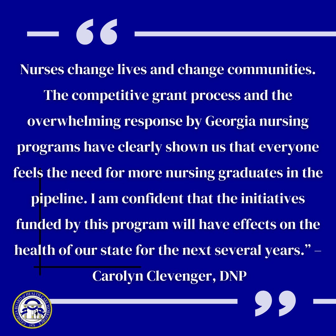 GaBoardHCW's tweet photo. The GBHCW received an overwhelming response to our $3 million grant opportunity that will help nursing schools with waitlists and support additional capacity. Our very own board member Dr. Carolyn Clevenger (DNP) was on the evaluation committee and says… 
#nurses #dnp https://t.co/U2PsI26wIp