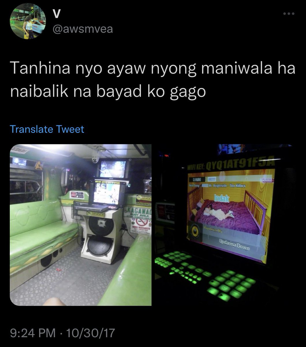 ziggy_rouge's tweet photo. Nakasakay ako ng baclaran - sucat jeep na may videoke, pag daw naka 100 na score ibabalik bayad mo. Sakto wala namang pasahero na iba edi ginalingan ko 🥴 https://t.co/N8HN9KQkw9