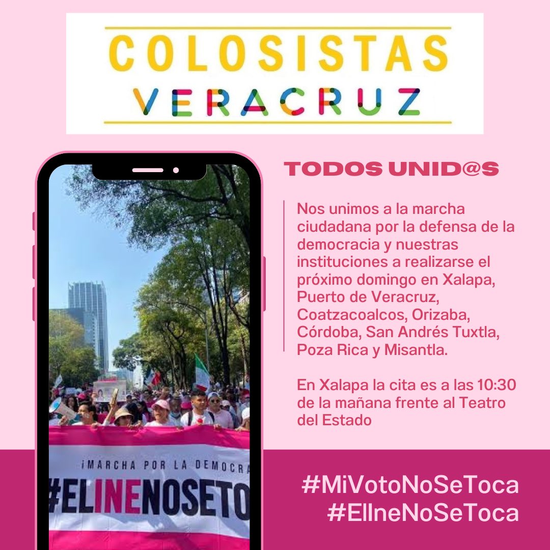Colosistas_CTZ's tweet photo. 🟠Colosistas Veracruz se une este Domingo 26 de Febrero a la marcha por la defensa de la democracia.  (Vestir de rosa) #mivotonosetoca #ElINEnosetoca #Coatzacoalcos #xalapa #orizaba #cordoba #sanandrestuxtla #pozarica #misantla https://t.co/rNhMT3lv4e