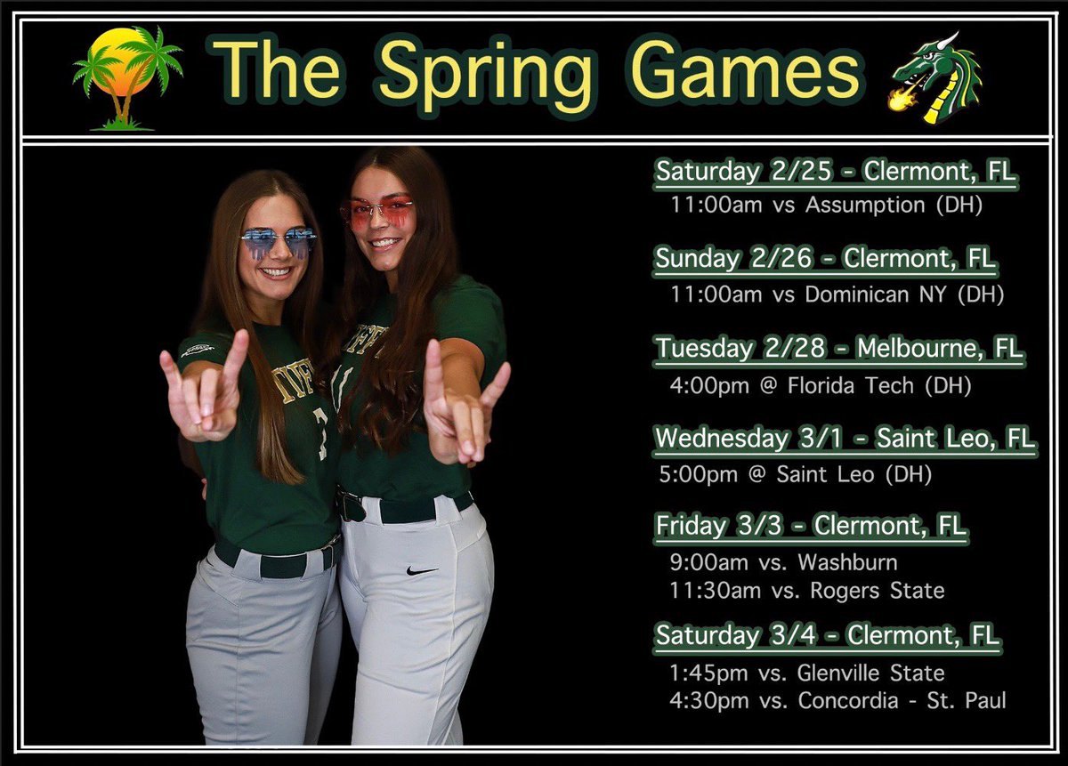 TiffinUSoftball's tweet photo. Spring break is here! Tomorrow we head down to Clermont, FL for the Spring Games! We will also be playing doubleheaders at Florida Tech and Saint Leo. Go Gons! 🐉 ☀️ https://t.co/d3xbDTQqXk