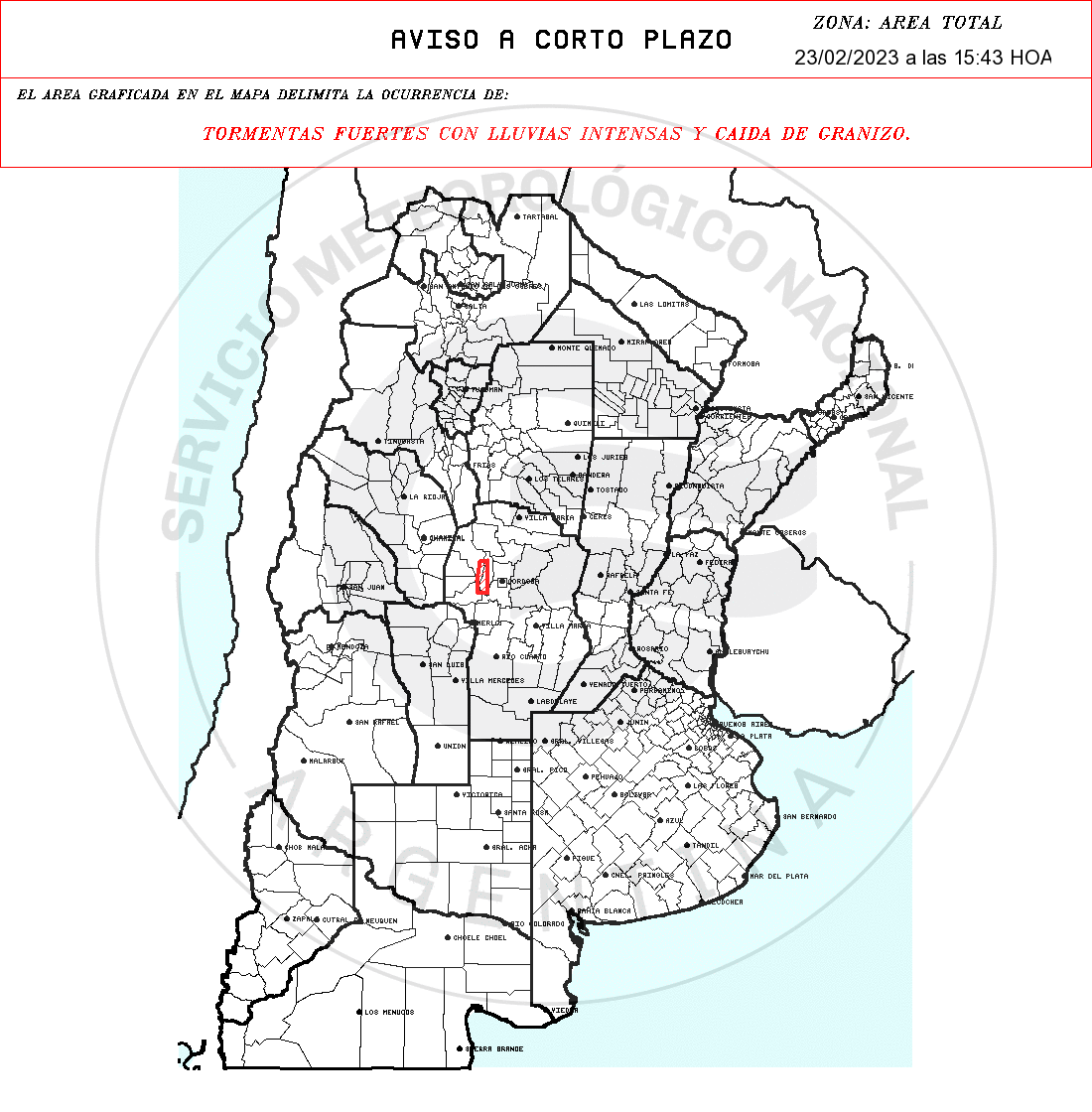 SMN_Cordoba's tweet photo. ACP ⚠ | Aviso a muy corto plazo
TORMENTAS FUERTES CON LLUVIAS INTENSAS Y CAIDA DE GRANIZO. 
⏱️ Hora: 02/23/2023 15:43h
Válido por 1 hora.
+ info https://t.co/6jgKhqiyRk
 Zonas: CORDOBA: Cruz del Eje - Punilla - San alberto. https://t.co/NcxJzJsZz5