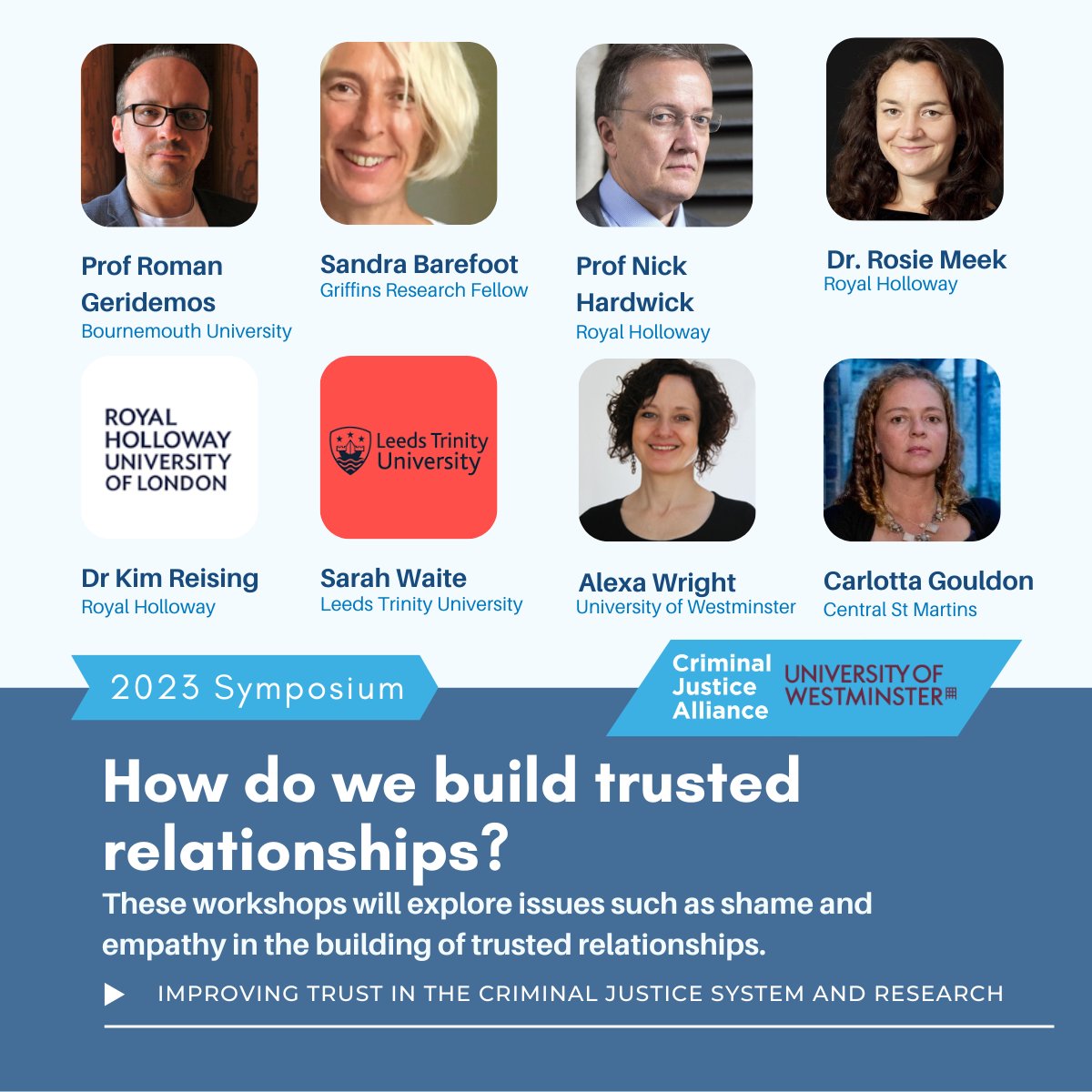 Criminal Justice Alliance (@cjalliance) on Twitter photo CJA Symposium Workshops
How do we build trusted relationships?
With @gr_roman, <a href="/BournemouthUni/">Bournemouth Uni</a>, <a href="/BarefootSandra/">sandra barefoot</a>, <a href="/nicklhardwick2/">Nick Hardwick</a>, <a href="/DrRosieMeek/">Prof Rosie Meek</a>, <a href="/RoyalHolloway/">Royal Holloway</a>, <a href="/LeedsTrinity/">Leeds Trinity University</a>, <a href="/UniWestminster/">University of Westminster</a> & <a href="/STRETCHcharity/">STRETCH Charity</a>
🎟️: bit.ly/3YBctfl #TrustedCJS 🛡️ CJA Symposium Workshops
How do we build trusted relationships?
With @gr_roman, <a href="/BournemouthUni/">Bournemouth Uni</a>, <a href="/BarefootSandra/">sandra barefoot</a>, <a href="/nicklhardwick2/">Nick Hardwick</a>, <a href="/DrRosieMeek/">Prof Rosie Meek</a>, <a href="/RoyalHolloway/">Royal Holloway</a>, <a href="/LeedsTrinity/">Leeds Trinity University</a>, <a href="/UniWestminster/">University of Westminster</a> & <a href="/STRETCHcharity/">STRETCH Charity</a>
🎟️: bit.ly/3YBctfl #TrustedCJS 🛡️
