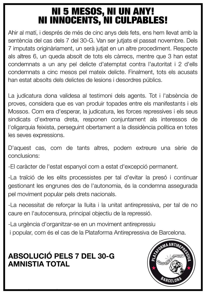 📜 Comunicat davant la sentència i en solidaritat amb els companys <a href="/els7del30G/">Els7del30G</a>!

💥 Contra la seva repressió, organitzem la resposta!

#AbsolucióPels7Del30G
#AmnistiaTotal