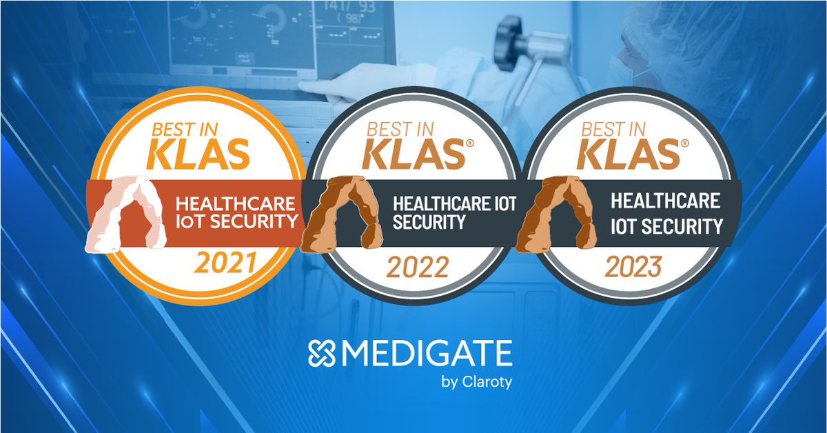 ClarotyHealth's tweet photo. Medigate is proud to be #BestInKLAS for Healthcare IoT Security 3 years in a row! We thank our customers for providing invaluable feedback and insights to @KLASResearch and our amazing team for their hard work &amp; dedication. https://t.co/oeMMYEsYxH https://t.co/4RutQYwfcK