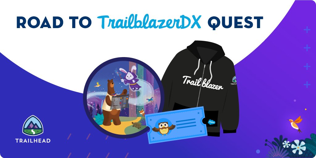 trailhead's tweet photo. 📝✨ Get #TDX23 ready with the Road To TrailblazerDX #TrailheadQuest!

🤩 Complete before March 6 to earn a one-of-a-kind community badge and enter for a chance to win* some fun prizes.

Quest on ➡️: https://t.co/FO7VLWNnlw https://t.co/sfLZ7ho8Ow
