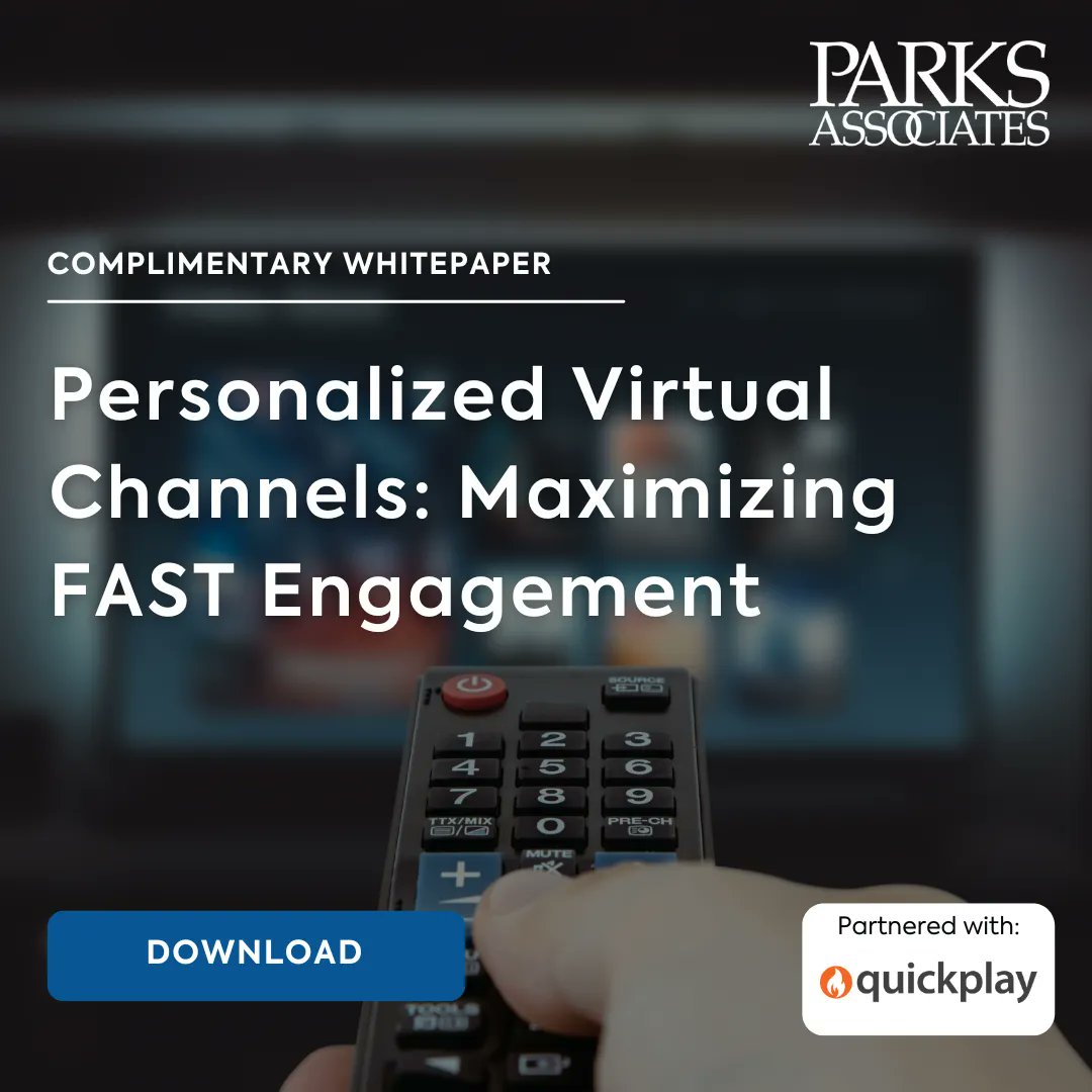 ParksAssociates's tweet photo. Check out our complimentary whitepaper, "Personalized Virtual Channels: Maximizing FAST Content" in collab with @quickplayott . This whitepaper highlights the engagement &amp; monetization potential of personalization for FAST video services. https://t.co/AKZAnyQBeQ #fastcontent https://t.co/yG4iWPtLdB