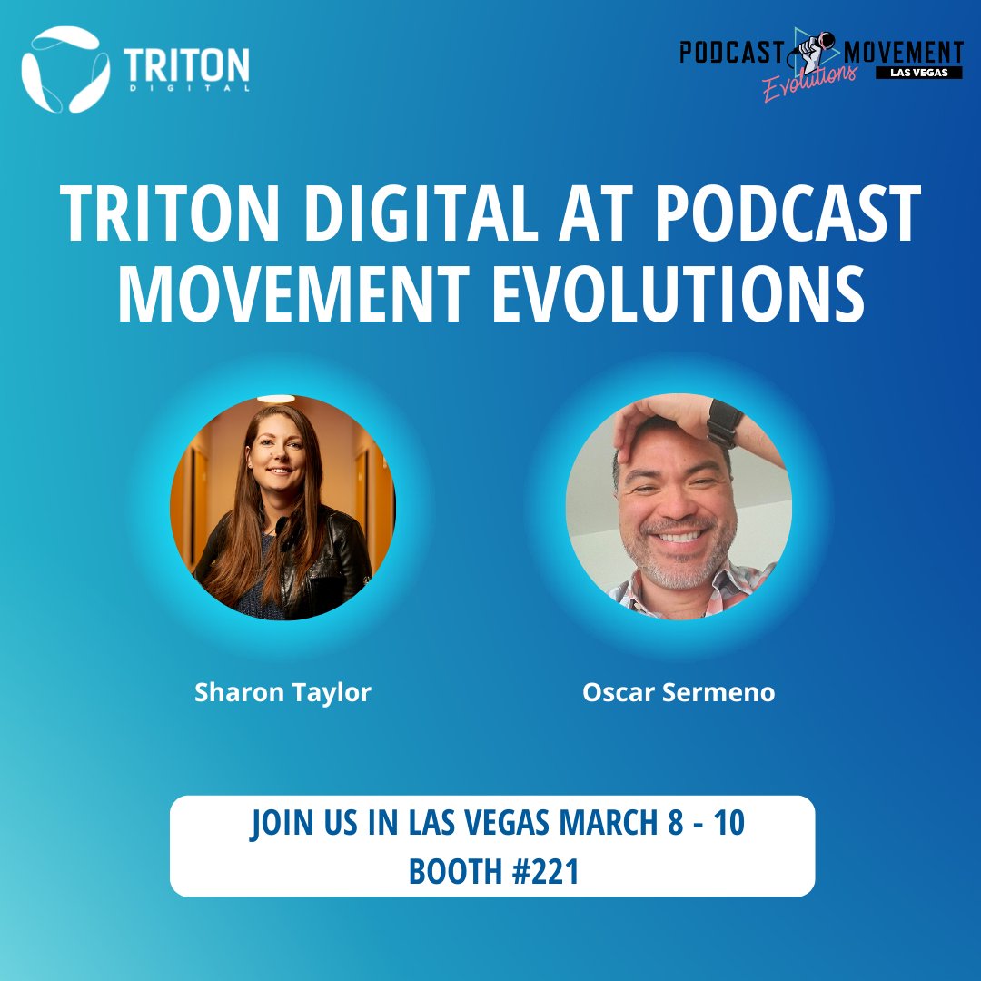 Triton Digital (@tritondigital) on Twitter photo We can't wait to see you all in 2 weeks at <a href="/PodcastMovement/">Podcast Movement</a> Evolutions! Our own Sharon Taylor & <a href="/OscarSermeno10/">Oscar Sermeño</a> will be speaking on the hottest topics in podcasting. And the Triton team will be at booth # 221 to talk about all things audio! See you soon! 😎 #Evolutions2023 We can't wait to see you all in 2 weeks at <a href="/PodcastMovement/">Podcast Movement</a> Evolutions! Our own Sharon Taylor & <a href="/OscarSermeno10/">Oscar Sermeño</a> will be speaking on the hottest topics in podcasting. And the Triton team will be at booth # 221 to talk about all things audio! See you soon! 😎 #Evolutions2023