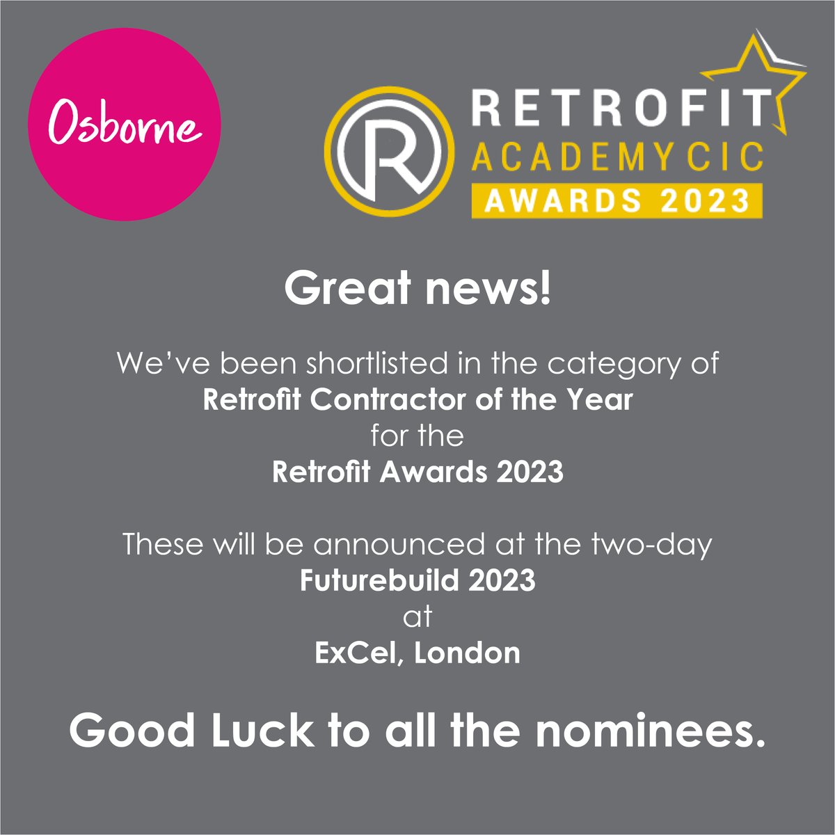 OsborneNews's tweet photo. Congratulations on being shortlisted; good luck to all the chosen nominees. @FuturebuildNow @ExCeLLondon #RetroFit #Futurebuild #BuildBetterFutures https://t.co/RsQriqLL83