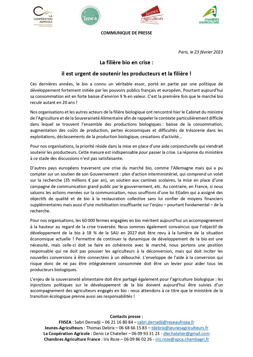 FNSEA's tweet photo. [#CP] La filière #bio en crise : il est urgent de soutenir les producteurs et la filière ! Les 60 000 fermes engagées méritent un accompagnement à la hauteur de la crise traversée ! 
Notre communiqué de presse ici 👇 https://t.co/54JxS9U2o7