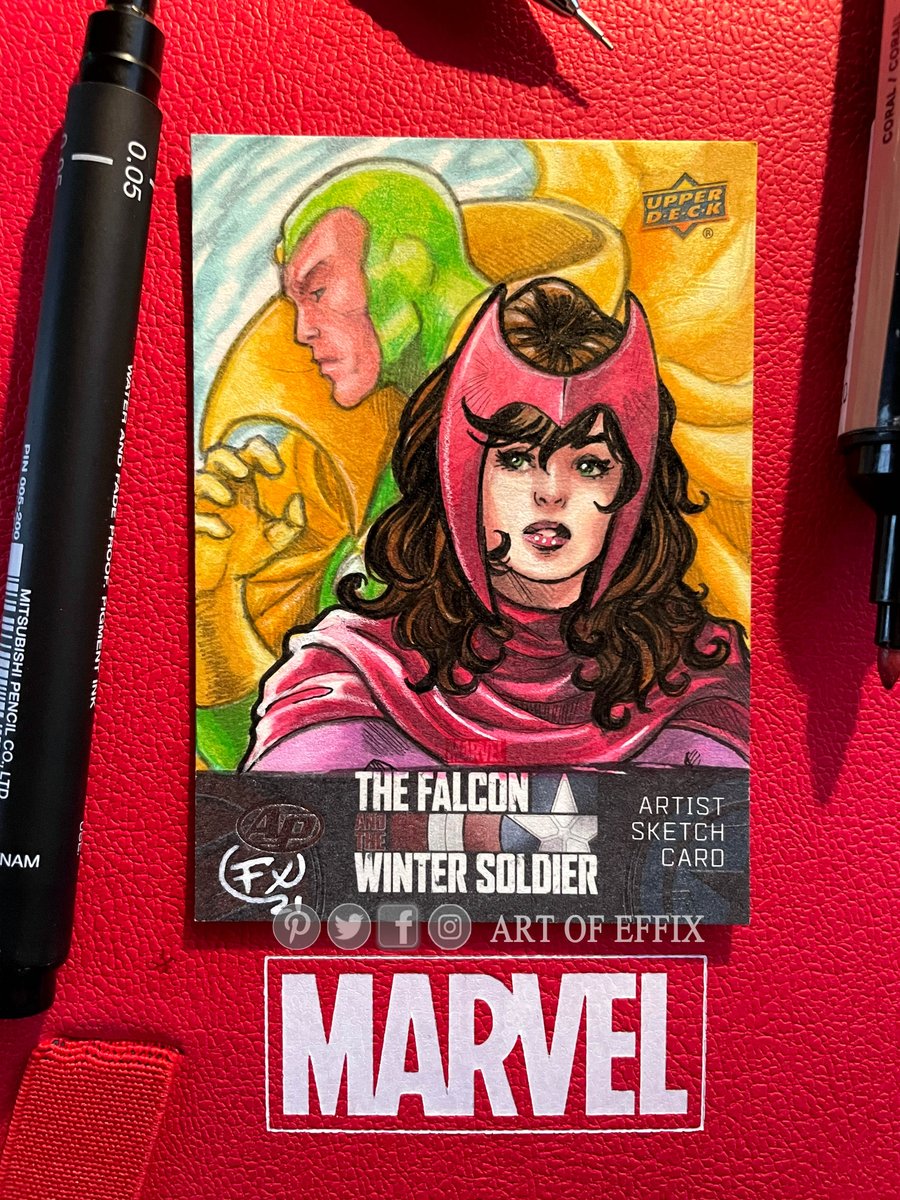 Effix_'s tweet photo. "Scarlet Witch &amp; The Vision" A.P sketch card.
@UpperDeckEnt set "The Falcon and winter Soldier" (Marvel). Ink and markers / Effix https://t.co/RKmQwKF2x2