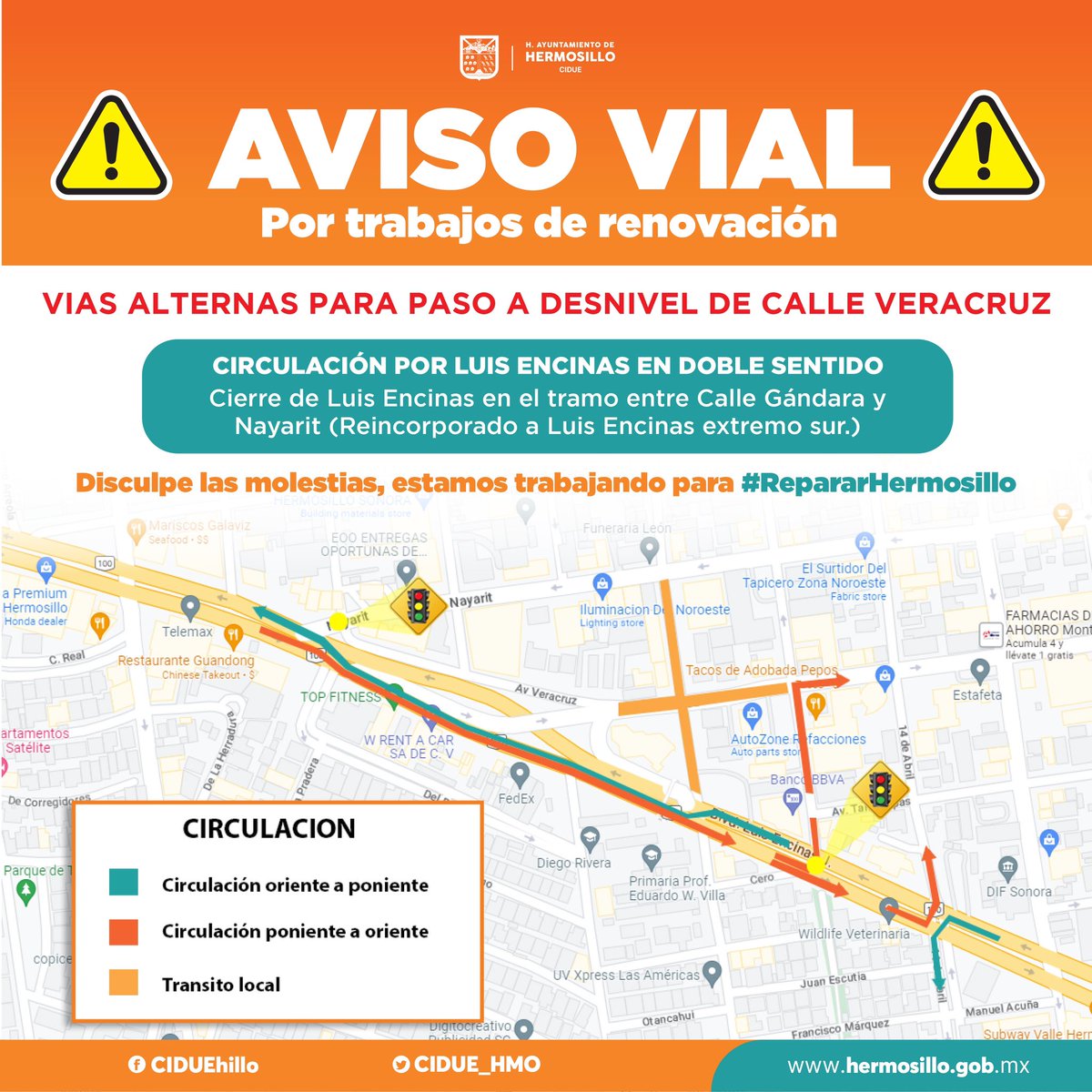 ¡Mucho ojo!⚠️ A partir del lunes 27 de febrero inicia la obra en el puente a desnivel de Veracruz y Blvd. Luis Encinas, ampliaremos un tercer carril y una ciclovía🚲, además de reparar el alumbrado público y conductos hidráulicos. 

¡Toma precauciones y utiliza vías alternas!🚦🚧