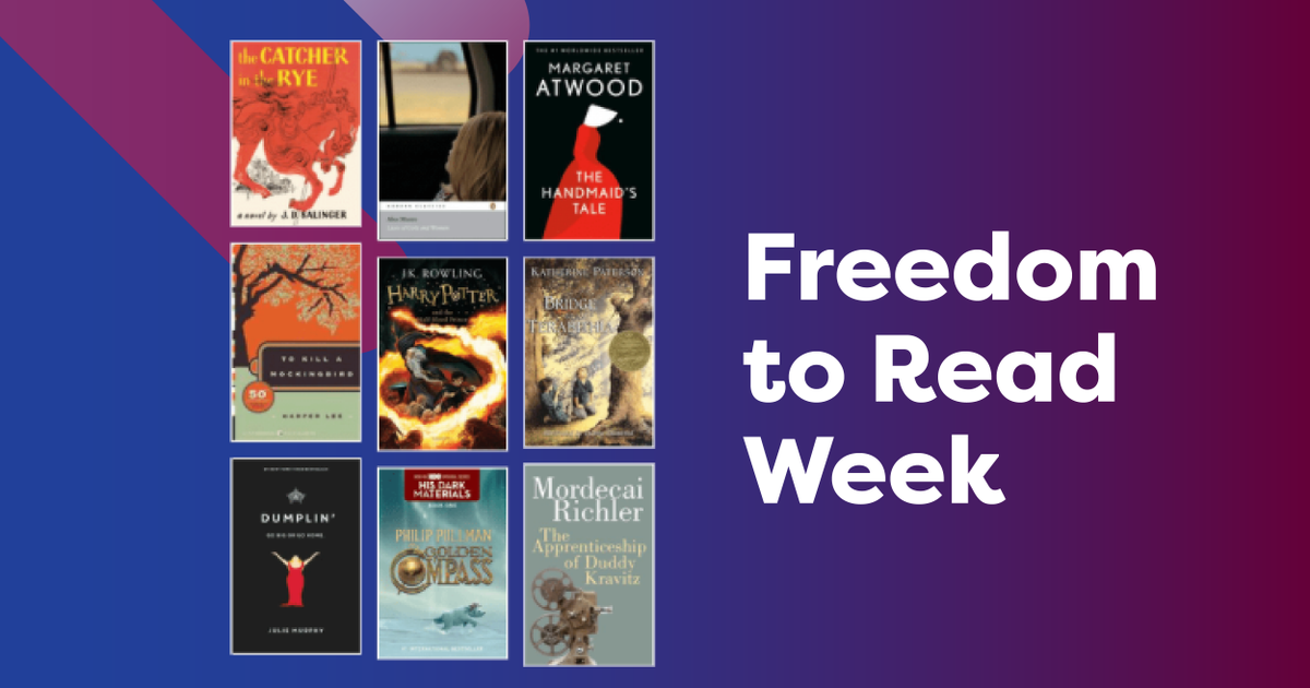 OakvilleLibrary's tweet photo. From February 19-25 we celebrate #FreedomtoReadWeek, encouraging all to think about and reaffirm their commitment to intellectual freedom, which is guaranteed to them under the Charter of Rights and Freedoms. Check out our reading list of challenged titles https://t.co/vTUwQKcZXI https://t.co/pvjn8lwc0T