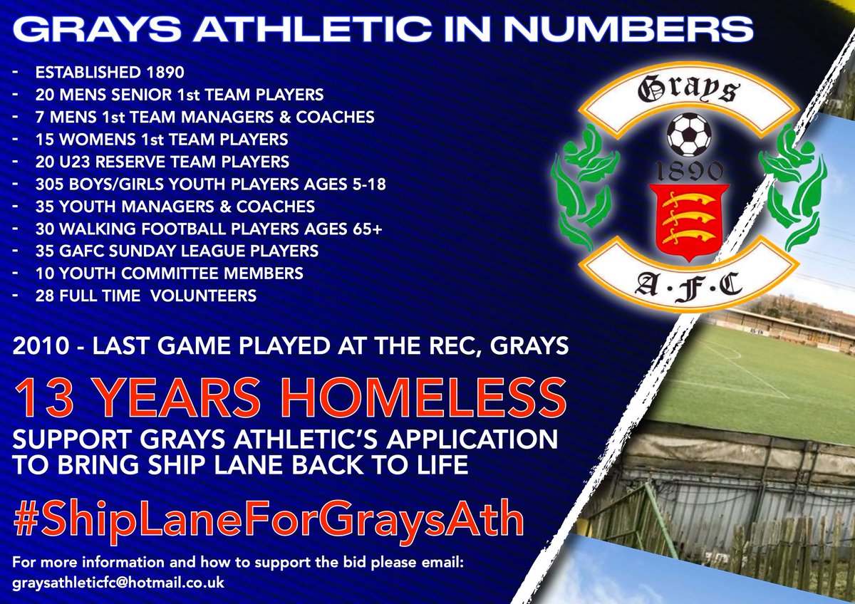 GRAYS ATHLETIC IN NUMBERS: Just a few reasons to back our bid to make Ship Lane our new home. Go to facebook.com/graysathleticf… for more information on how to submit a letter of support. 
PLEASE RT
#ShipLaneForGraysAth