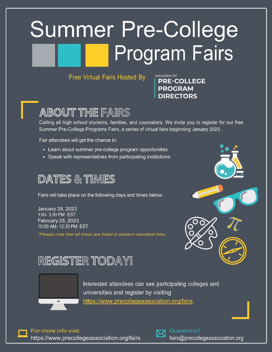 This weekend: The second Summer 2023 Pre-College Programs Virtual Fair is coming up on Saturday 2/25. Don't miss it! Register now precollegeassociation.org/fairs #precollege #HighSchoolSummerPrograms