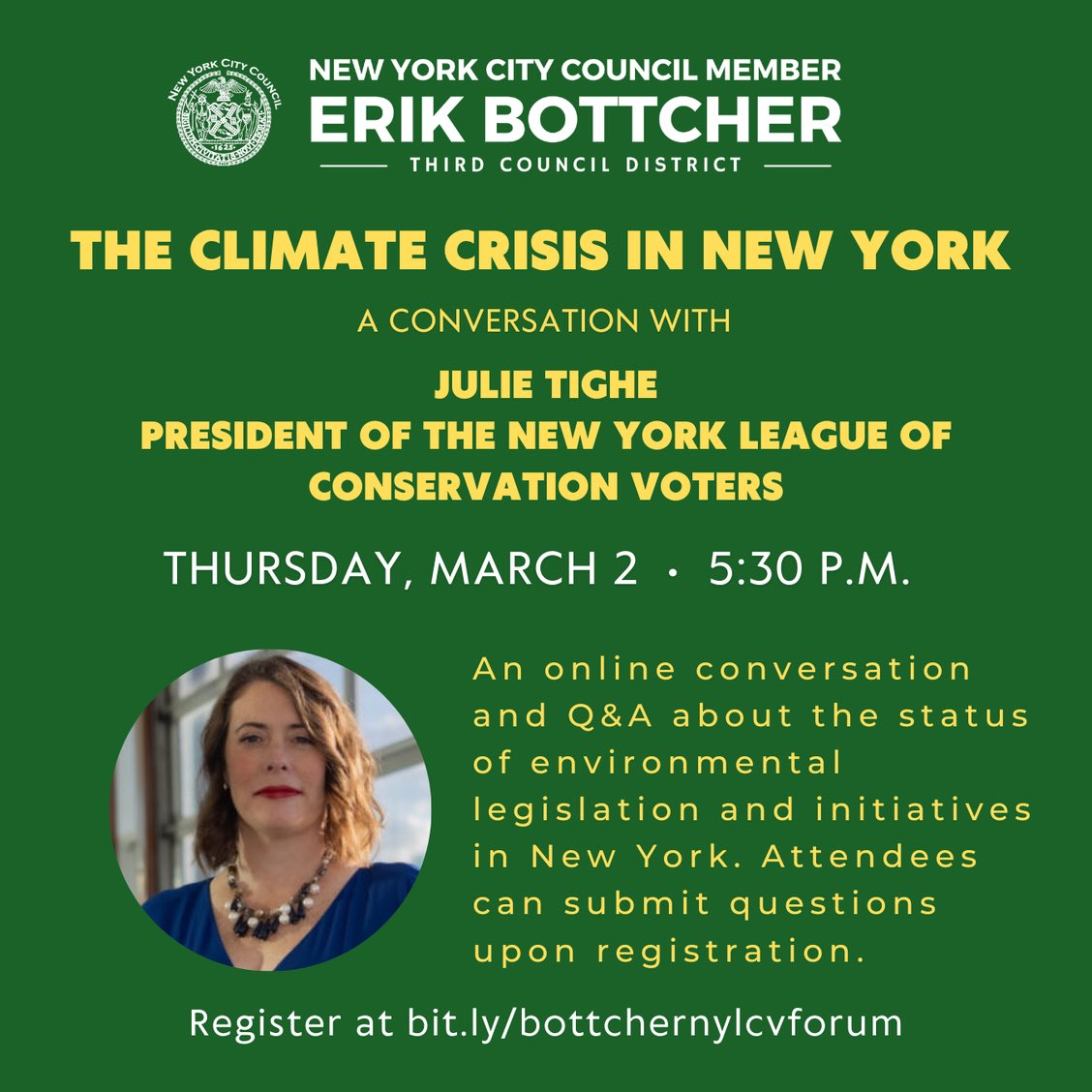 ebottcher's tweet photo. Please join us for an online conversation and Q&A about the latest updates on green energy, sustainability, conservation, resiliency, and more, with Julie Tighe, President of @nylcv, on Thursday, March 2, at 5:30 PM.
Register at https://t.co/gXO40ZneI7 https://t.co/jrpj8QFc28