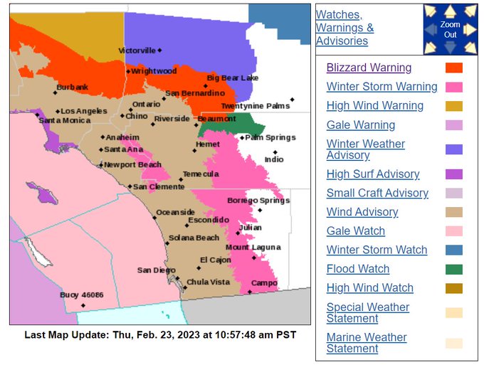 A map showing various warnings and advisories in effect for Southern California. The Blizzard Warning, in red, is in effect for the San Bernardino Mountains with Winter Storm Warnings in effect for the rest of the mountains. Wind Advisories and Flood Watches are in effect for much of the coasts and inland valleys as well. 