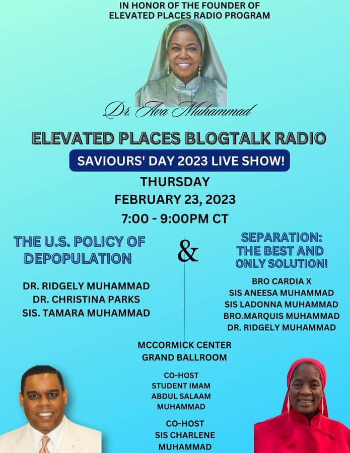 Renata564's tweet photo. TONIGHT!
A Special Elevated Places Live Show In Honor Of Student Sister Minister Dr. Ava Muhammad!
Location: Grand Ballroom
Time: 7PM CT
See the full Saviours’ Day Schedule: https://t.co/ixb8Lpq0CY
#SD2023 #Chicago #Farrakhan #AStarOfGod #AvaMuhammad https://t.co/hk6PAOGRFZ