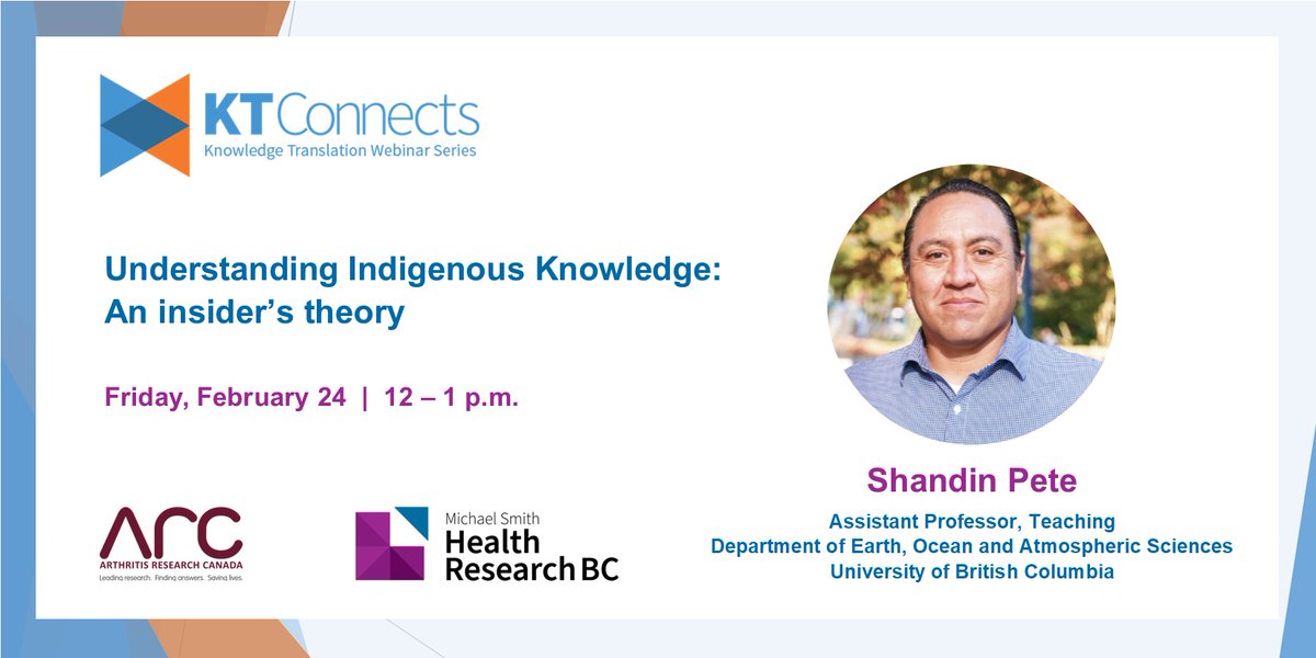HlthResearchBC's tweet photo. Last chance to register! Join us tomorrow for the next #KTConnects webinar featuring Dr. Shandin Pete (@spete74) on Indigenous perspectives of what "knowledge" is and the ways culture can influence the questions we ask and methods we use to gather it.
https://t.co/cYIXXMHB6F https://t.co/STDdG2AllZ