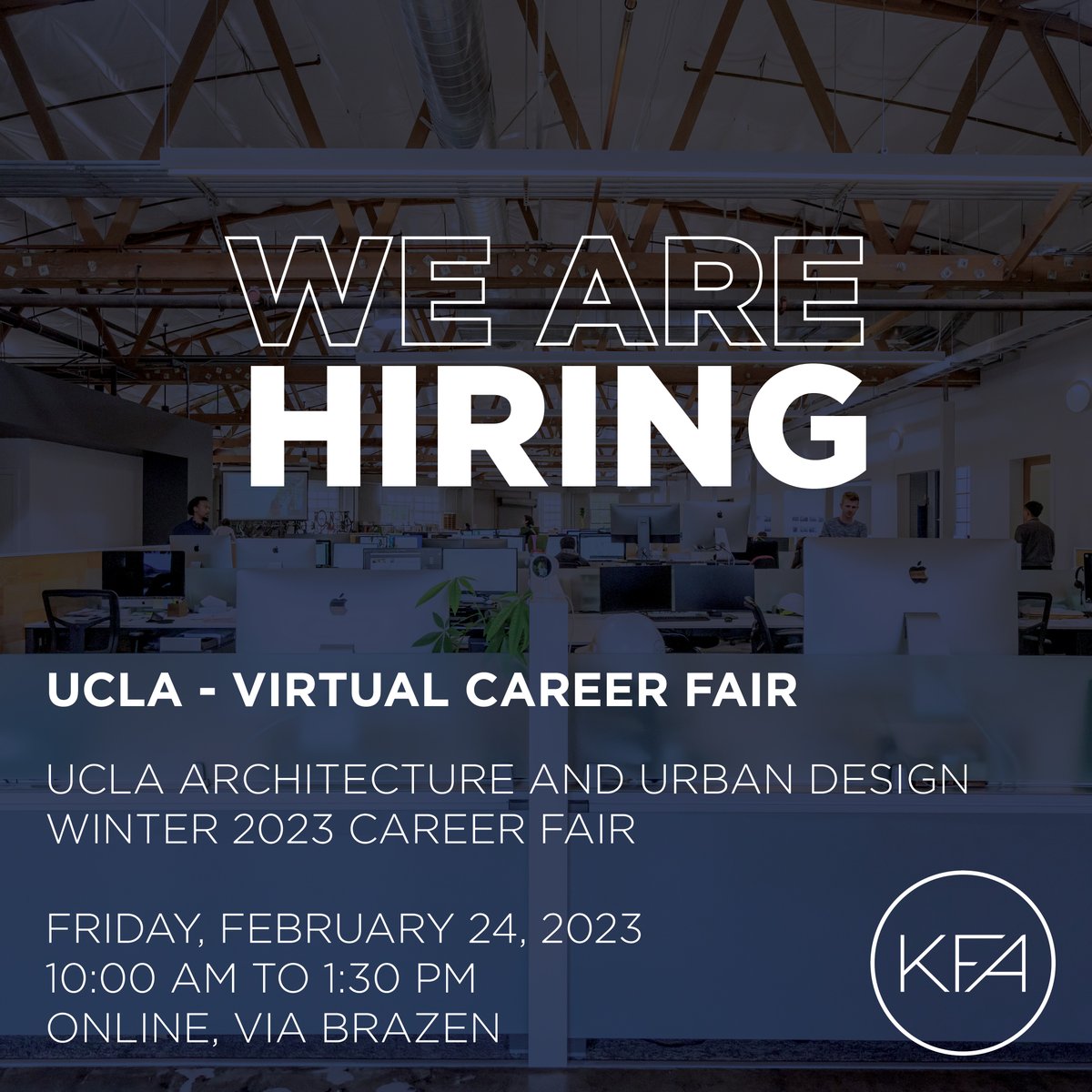 KFALosAngeles's tweet image. Hey, Bruins! We are hiring!

We will be at the VIRTUAL UCLA Architecture and Urban Design Winter 2023 Career Fair! Log onto Brazen and come chat with us!

@UCLA_AUD @UCLA #KFAarchitecture #KFAlosangeles #KFAcareers #nowhiring #UCLAgrad #UCLA #UCLAbruins #gobruins
