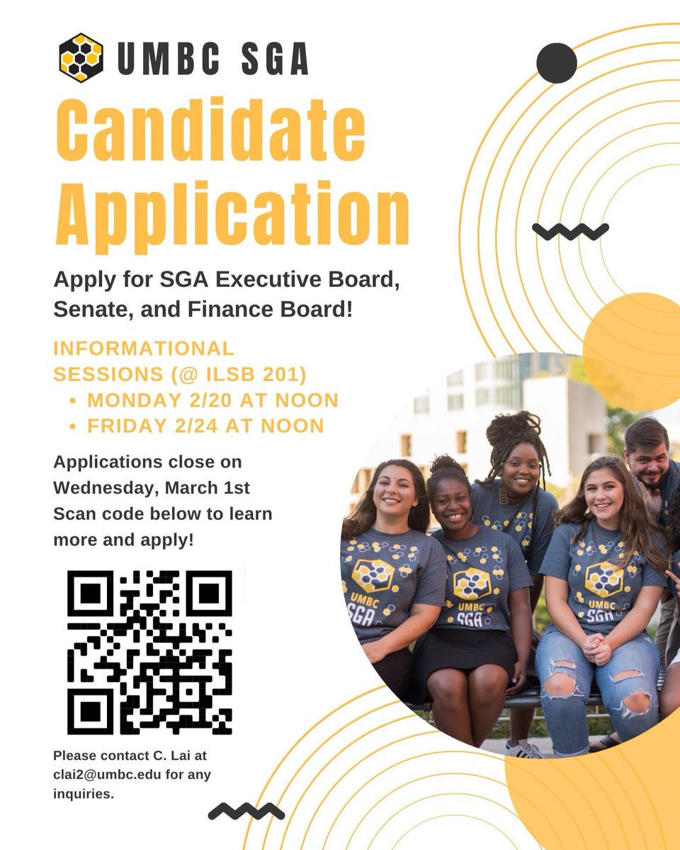 SGA's Candidate Application is open! Attend the informational session on Friday, February 24th at 12pm in ILSB 201. Current undergraduate students interested in running for PAID elected office should attend! Apply at tinyurl.com/runforSGA23  #UMBC #UMBClife <a href="/umbcsga/">UMBC SGA</a>