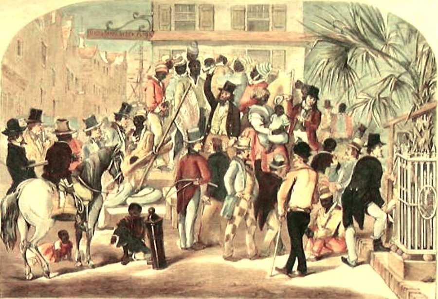 An illustration of slaves being sold in Charleston, South Carolina, about 1860.