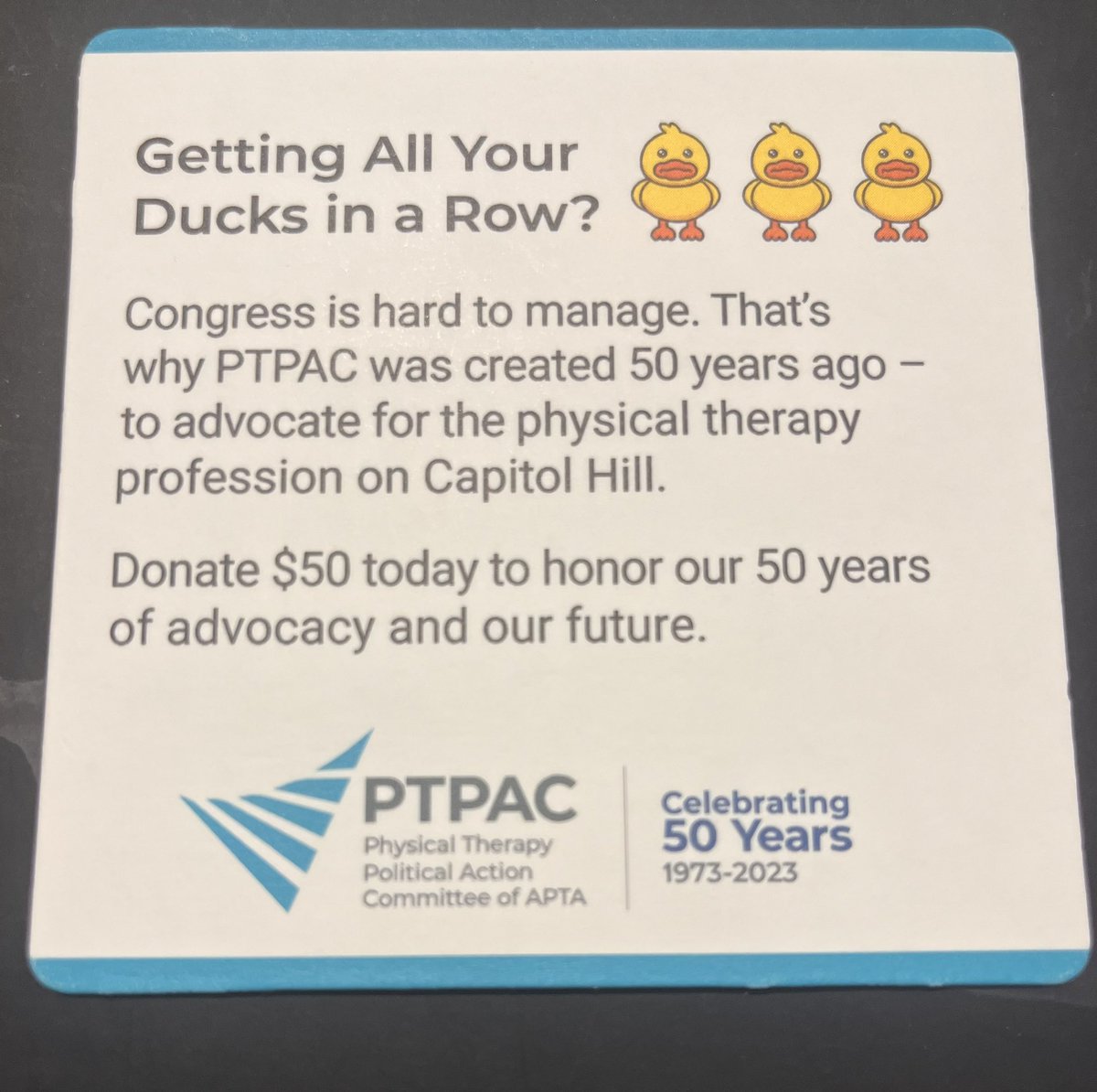 PT and PTA friends, donate $50 today to the PTPAC in honor of the 50th anniversary! Our profession wouldn’t be what it is now without advocacy, vision, and advancement.  fundraise.givesmart.com/f/kg5/n?vid=xc…