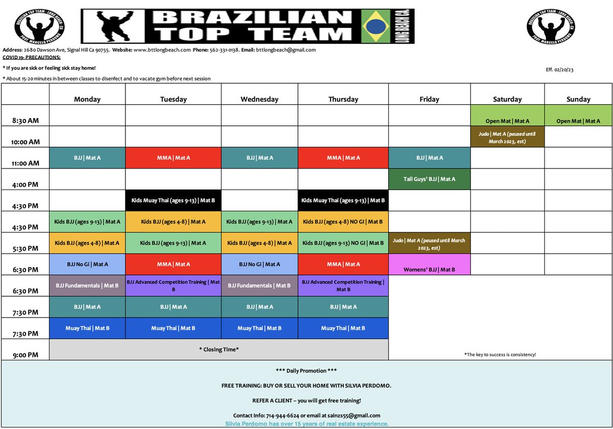 BttLong's tweet photo. Check out our current class schedule!  

Visit us at https://t.co/QhJHuaEVut to request a free trial class!
---
Marcelo Perdomo
Head Coach
Brazilian Top Team of Long Beach
#BJJ #KidsBJJ #MMA #MuayThai
🥋🥊 https://t.co/1EUhZ7P0pA