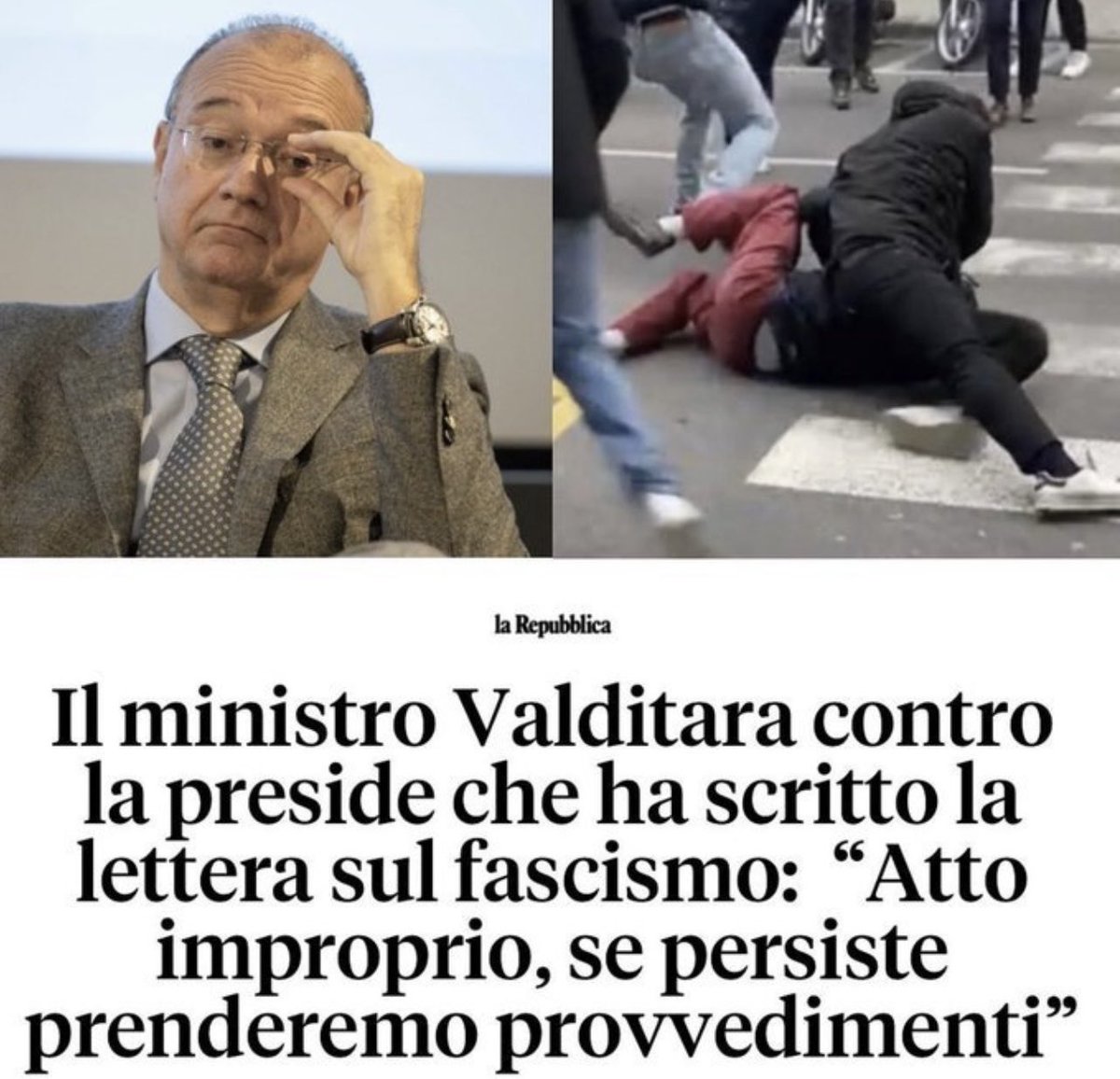 Lo stato di salute della democrazia italiana: una preside di scuola condanna il fascismo e riceve minacce e intimidazioni del ministro dell’istruzione, scelto dalla prima donna premier. Per gli squadristi: il silenzio e la retorica contro i critici del governo è legittimazione.