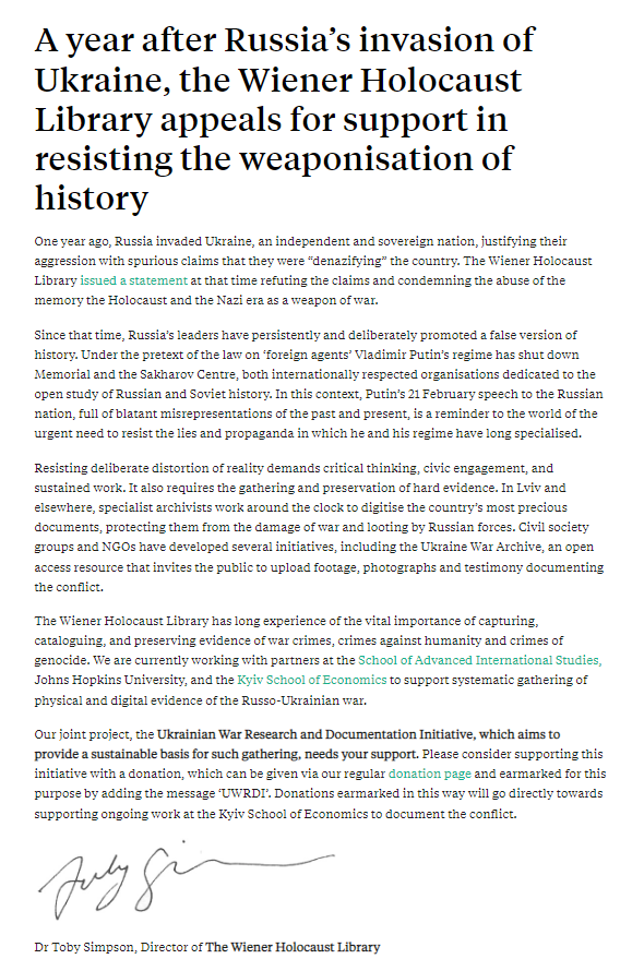 One year ago Russia launched their devastating invasion

After a year of war, read our Director's statement on the importance of refuting historical distortion, preserving evidence of war crimes, and how you can support efforts to do so in Ukraine wienerholocaustlibrary.org/2023/02/22/a-y…