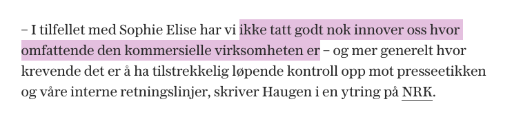 Veldig merkelig at NRK har satt seg selv i en situasjon der kringkastingssjefen må skrive kronikk om Sophie Elise. Og dette er kanskje hovedpoenget - eller at de trodde de kunne skumme fløten av den kommersielle appellen, uten å få med nedsidene på kjøpet  vg.no/rampelys/i/jlk…