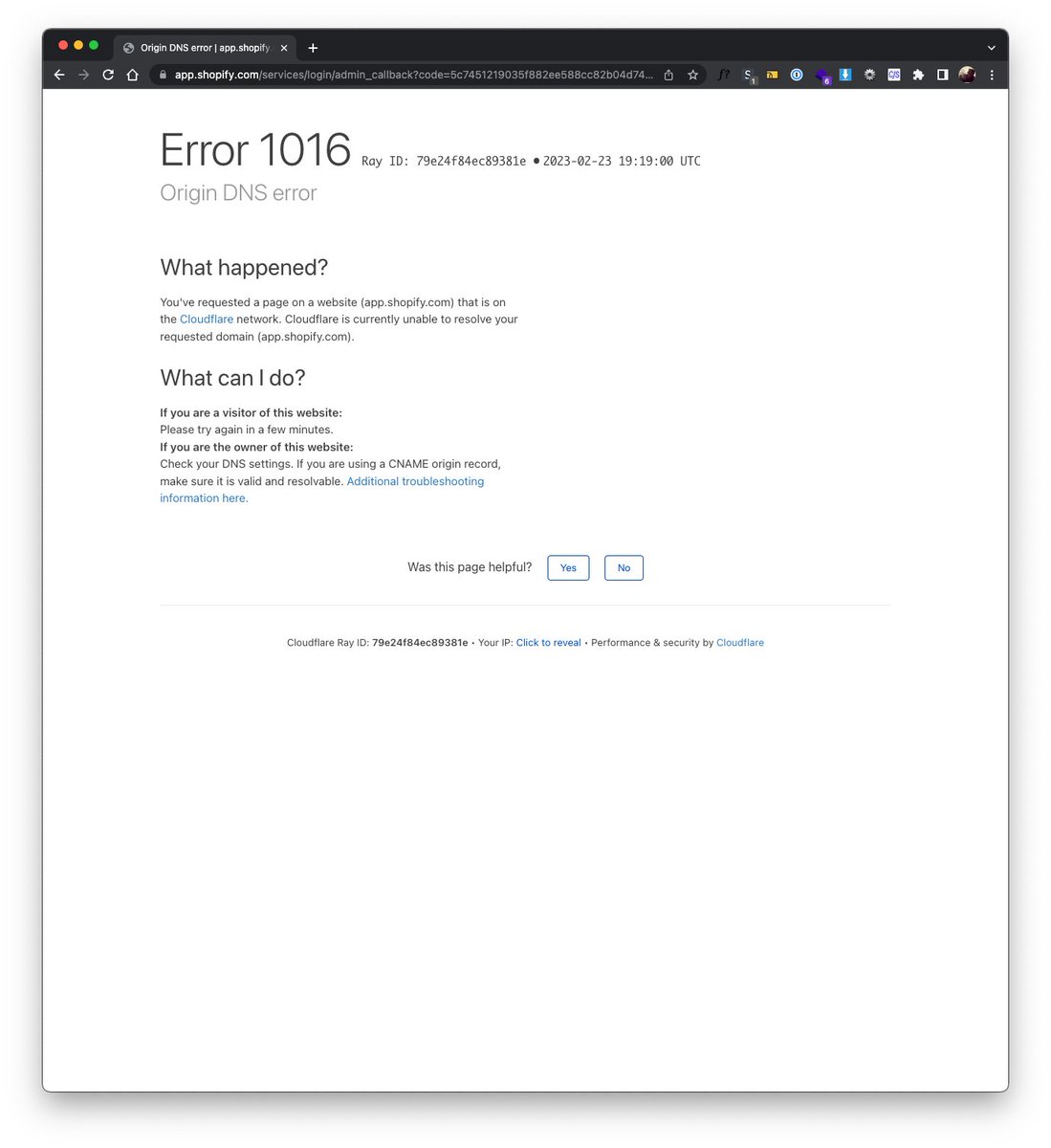 hey <a href="/ShopifySupport/">Shopify Support</a> <a href="/ShopifyDevs/">Shopify Developers</a> <a href="/Shopify/">Shopify</a> @ShopifyPlus — having an issue logging into Admin… "Error 1016: Origin DNS Error" from <a href="/Cloudflare/">Cloudflare</a> and i already cleared the cookies and saved website data from Chrome. any thoughts? thanks!