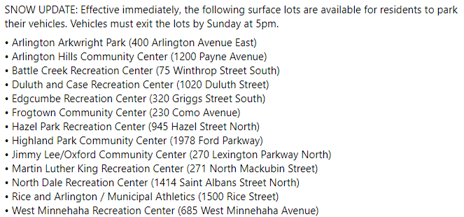 SNOW UPDATE: Effective immediately, the following surface lots are available for residents to park their vehicles. Vehicles must exit the lots by Sunday at 5pm.