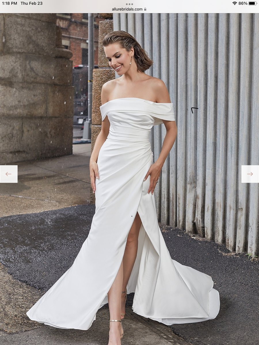 DreamDressExp's tweet photo. Luxurious stretch satin, tucked and ruched in all the right places and artfully draped off the shoulder, makes our Jade gown absolutely perfect for the glamorous and classic bride. https://t.co/bozrJrrCPj